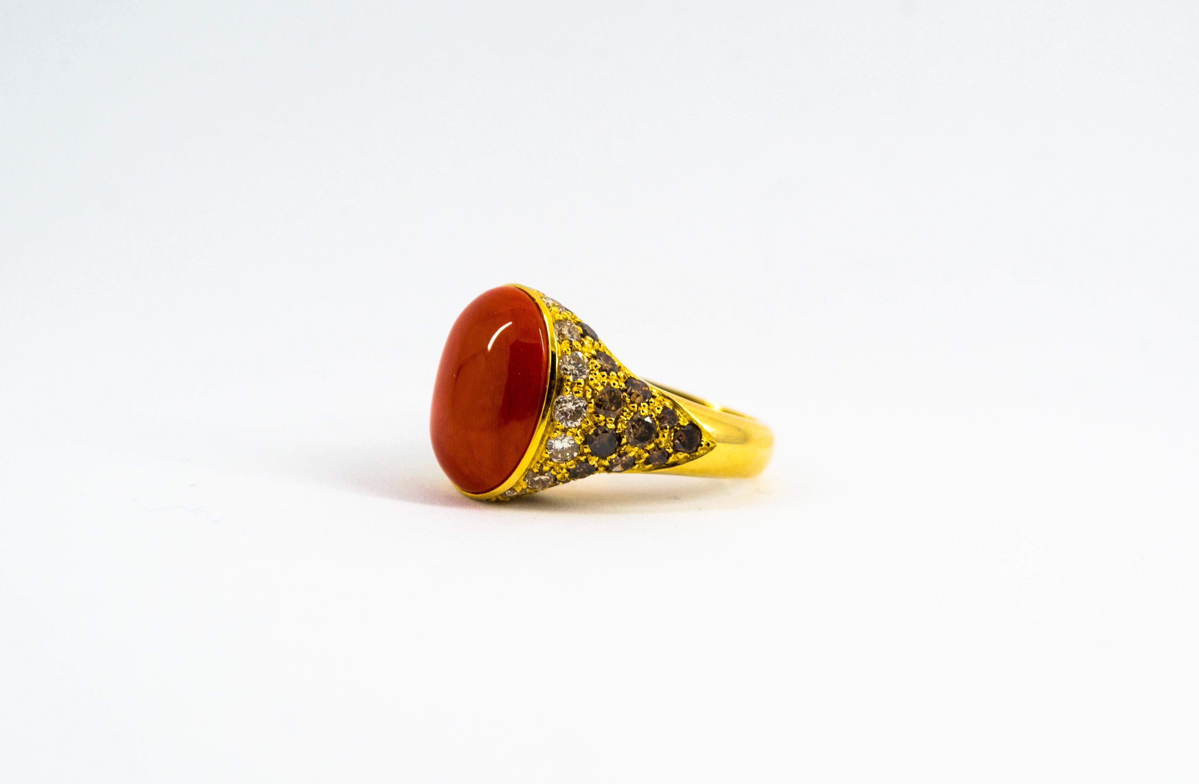 Art Deco Mediterranean Red Coral White Brown Diamond Yellow Gold Cocktail Ring For Sale 2
