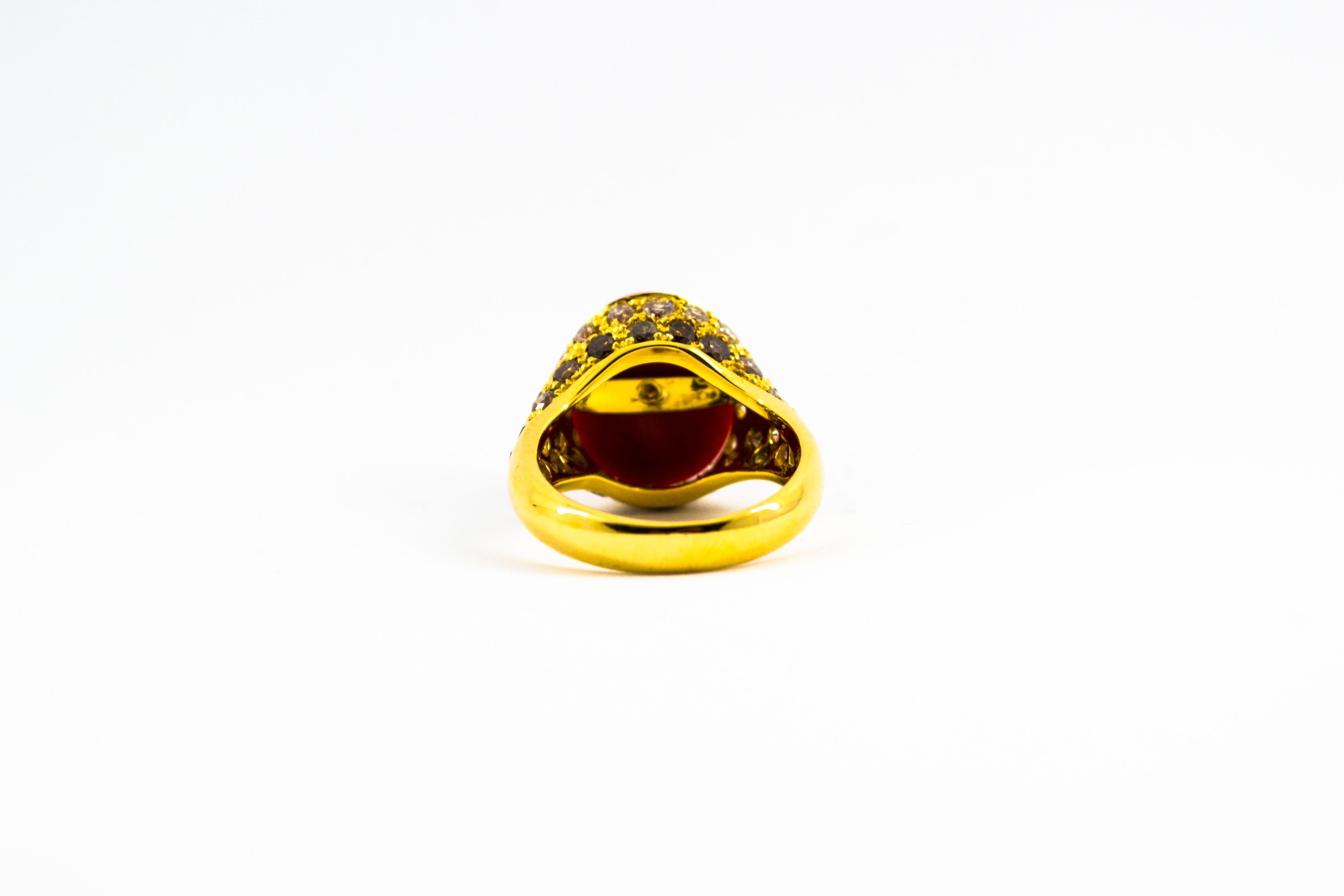 Art Deco Mediterranean Red Coral White Brown Diamond Yellow Gold Cocktail Ring For Sale 3