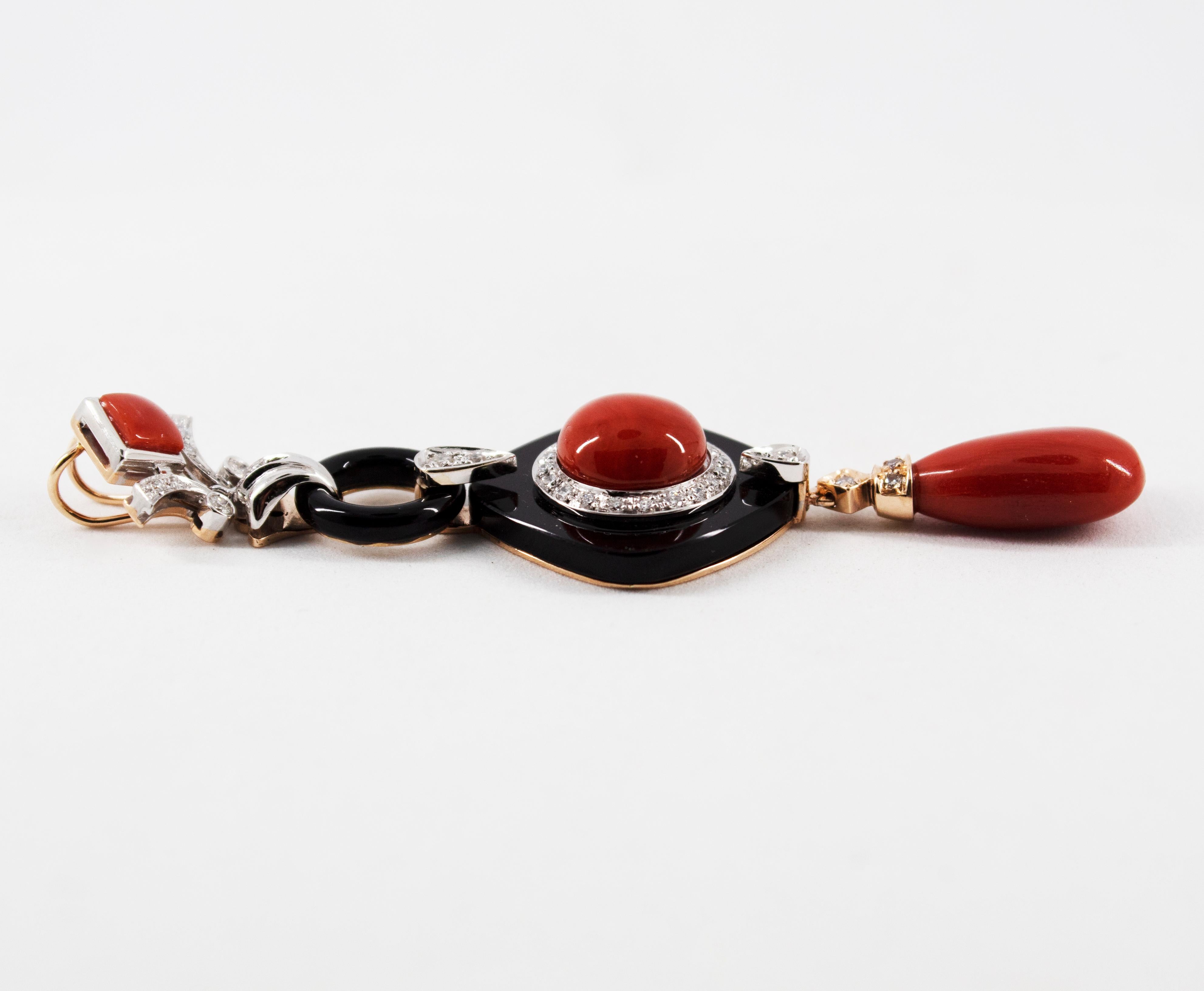 Art Deco Style Red Coral White Diamond Onyx White Gold Pendant Necklace 4