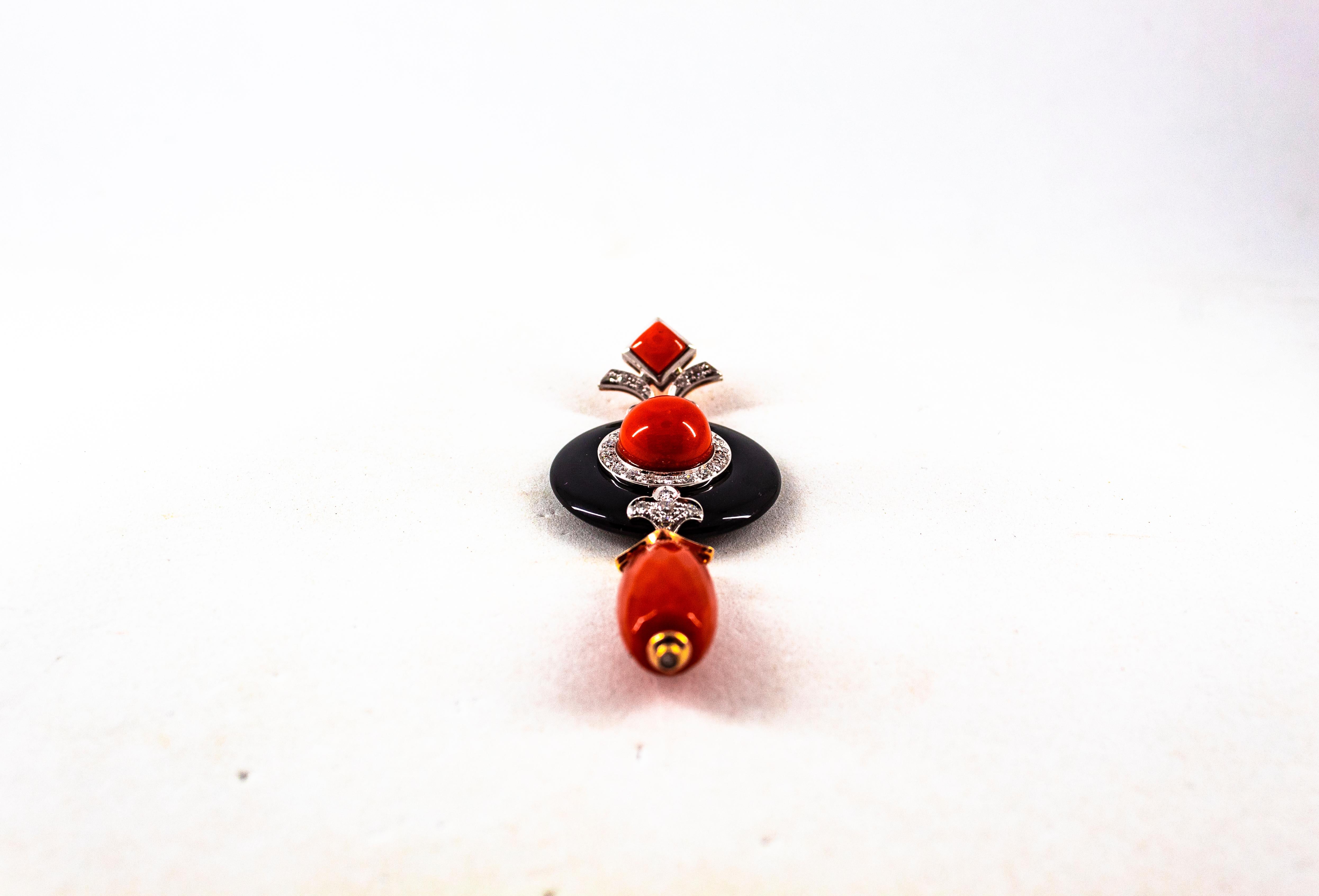 Art Deco Style Sardinia Red Coral White Diamond Onyx White Gold Pendant Necklace 6