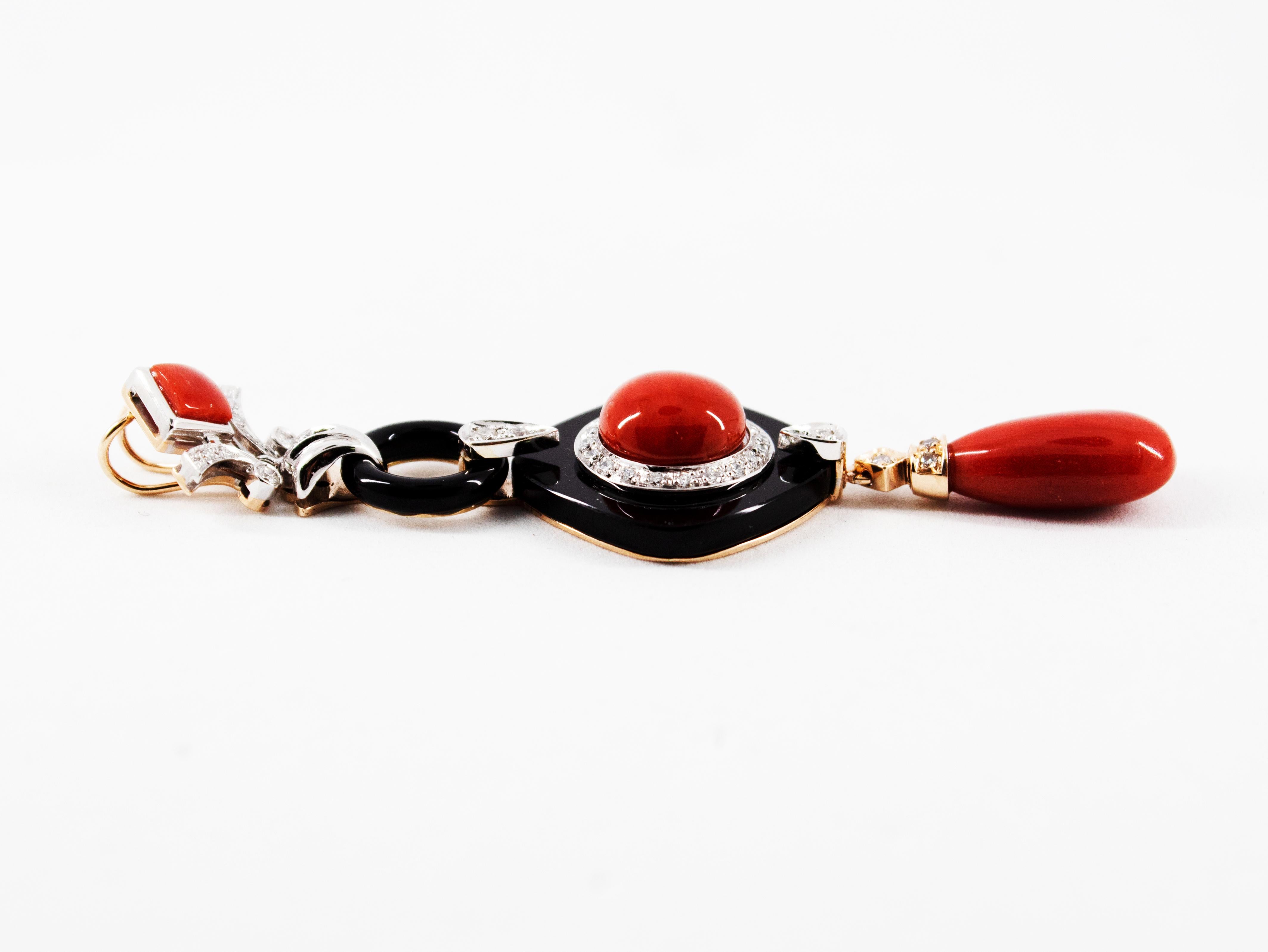 Art Deco Style Red Coral White Diamond Onyx White Gold Pendant Necklace 6