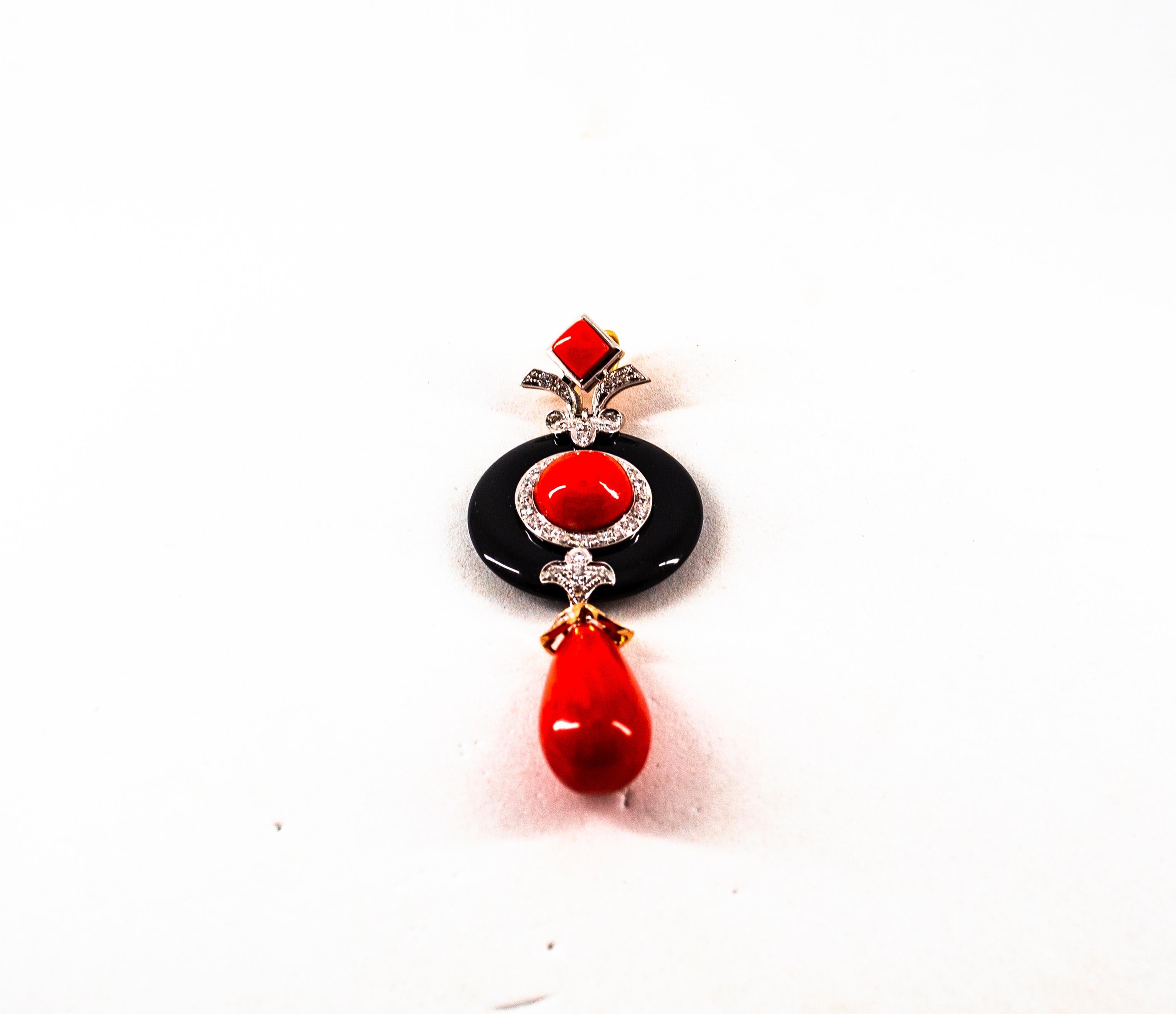 Art Deco Style Sardinia Red Coral White Diamond Onyx White Gold Pendant Necklace 8