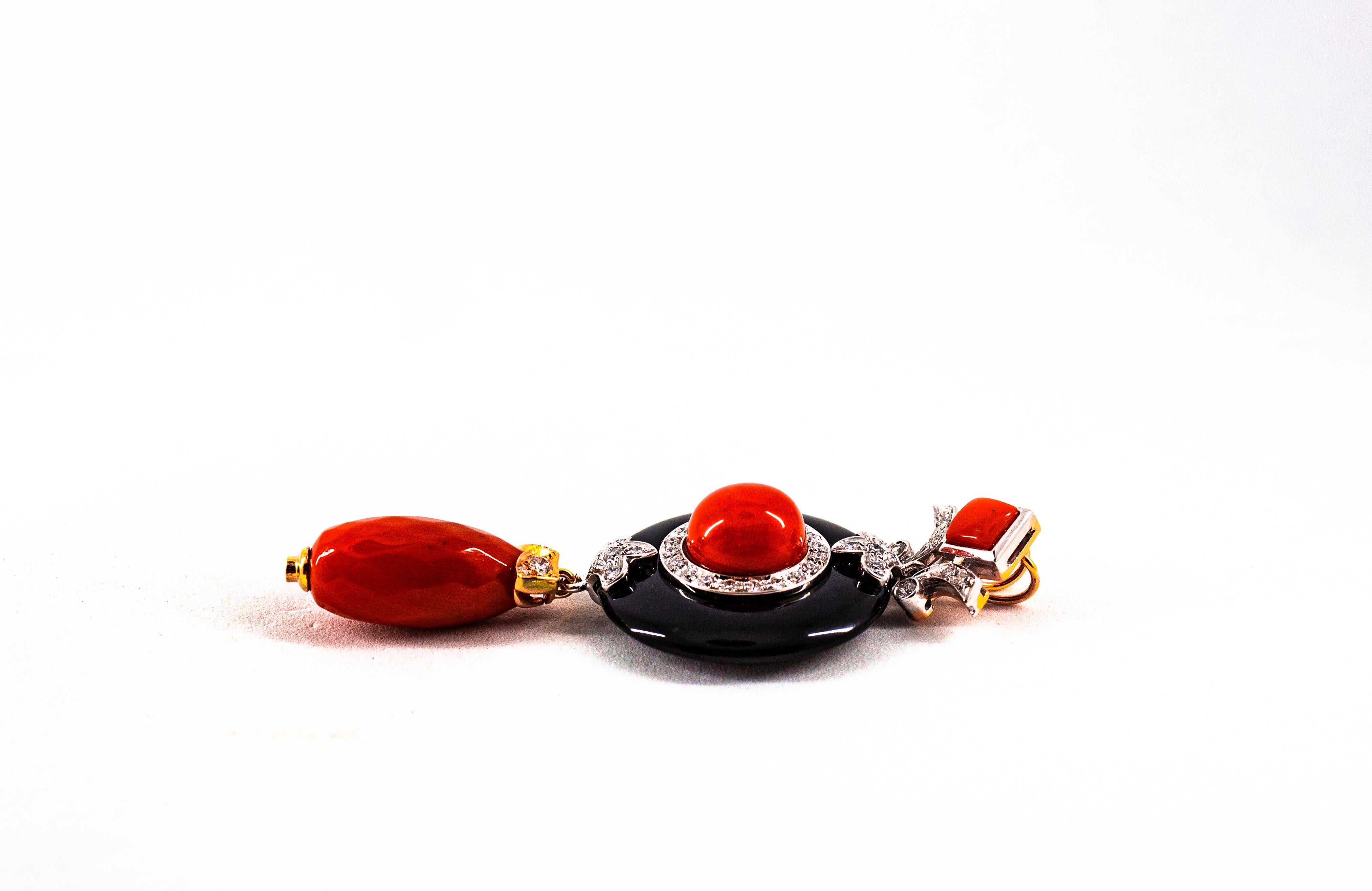 Art Deco Style Sardinia Red Coral White Diamond Onyx White Gold Pendant Necklace 8