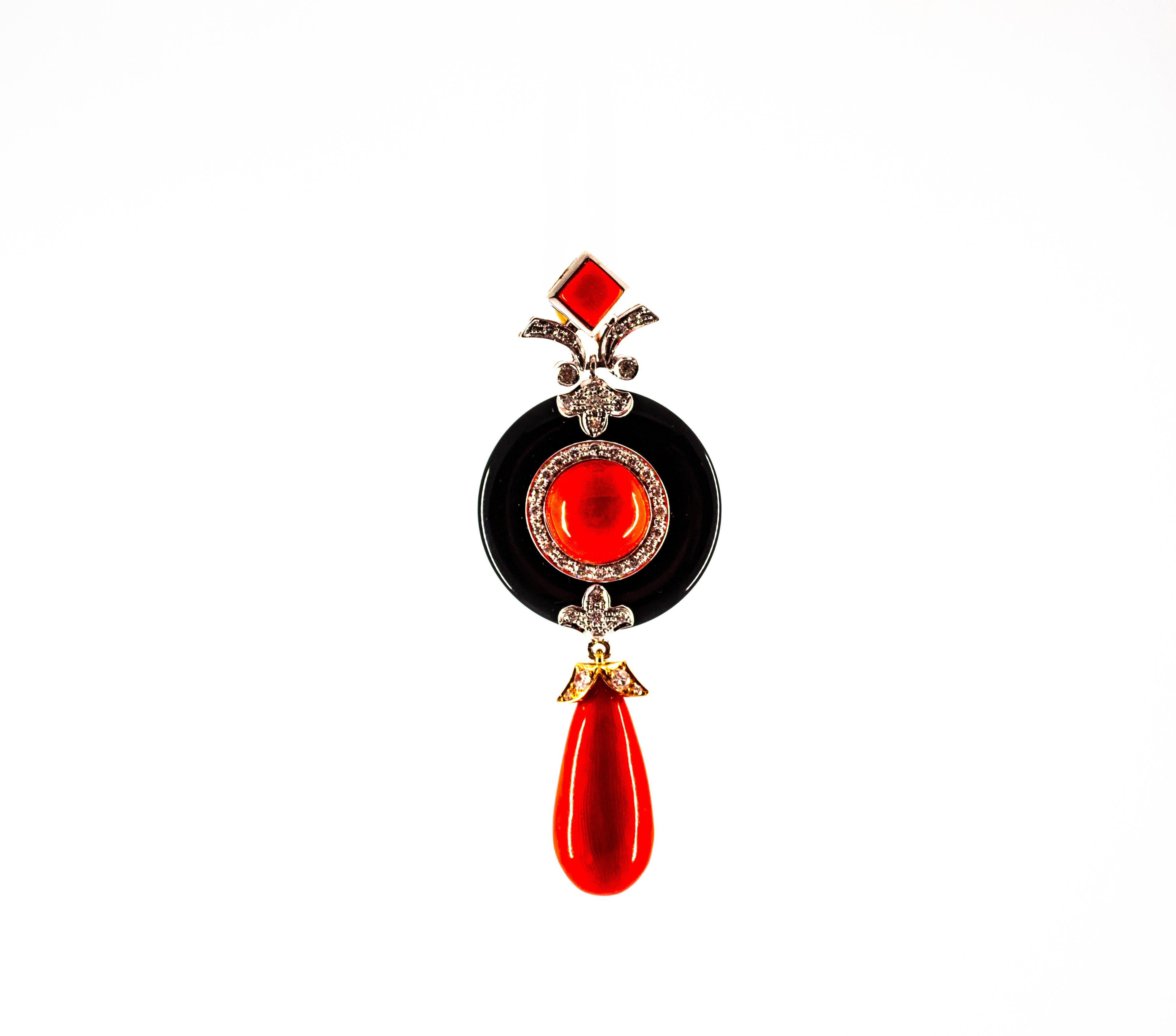 Brilliant Cut Art Deco Style Sardinia Red Coral White Diamond Onyx White Gold Pendant Necklace