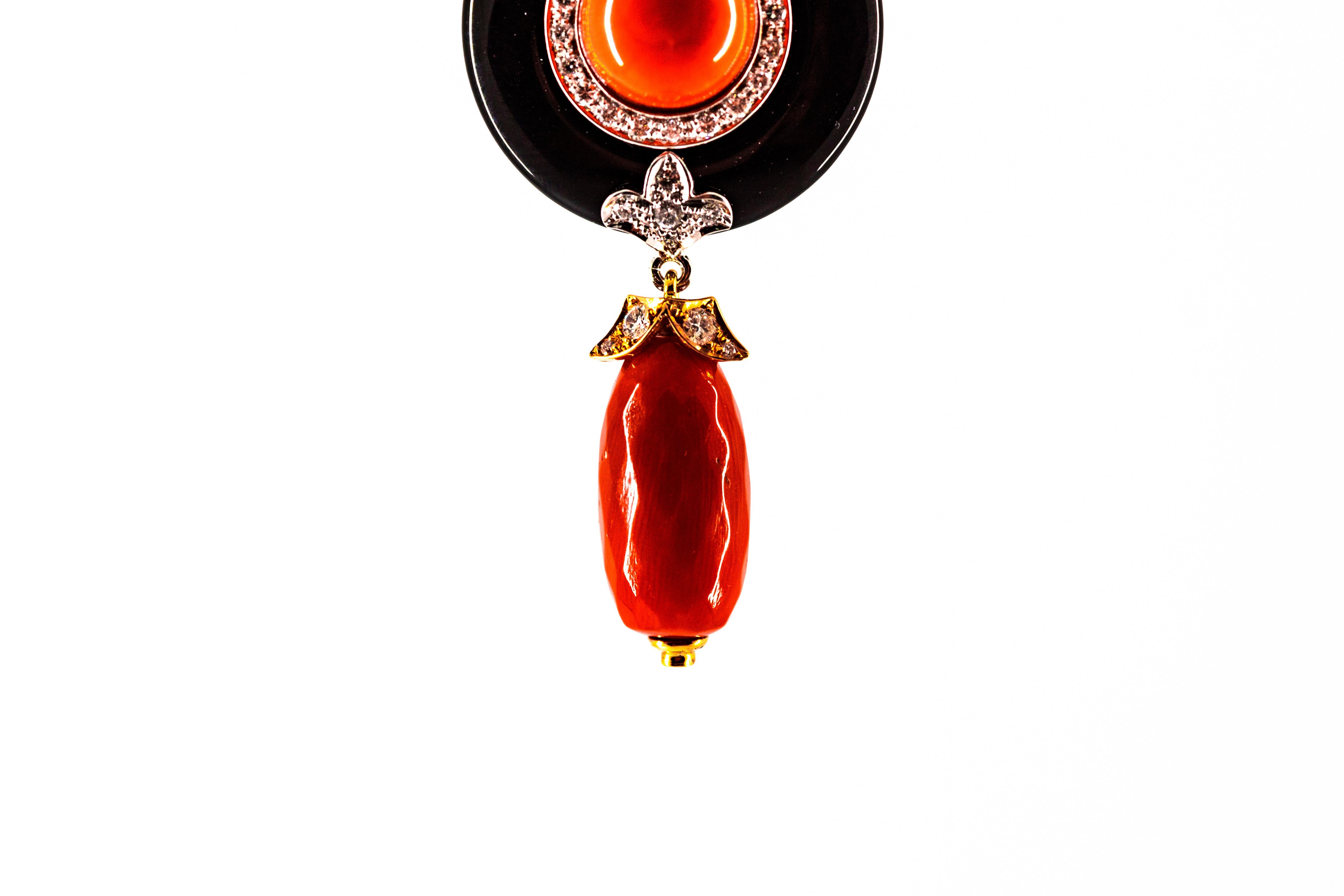 Brilliant Cut Art Deco Style Sardinia Red Coral White Diamond Onyx White Gold Pendant Necklace For Sale