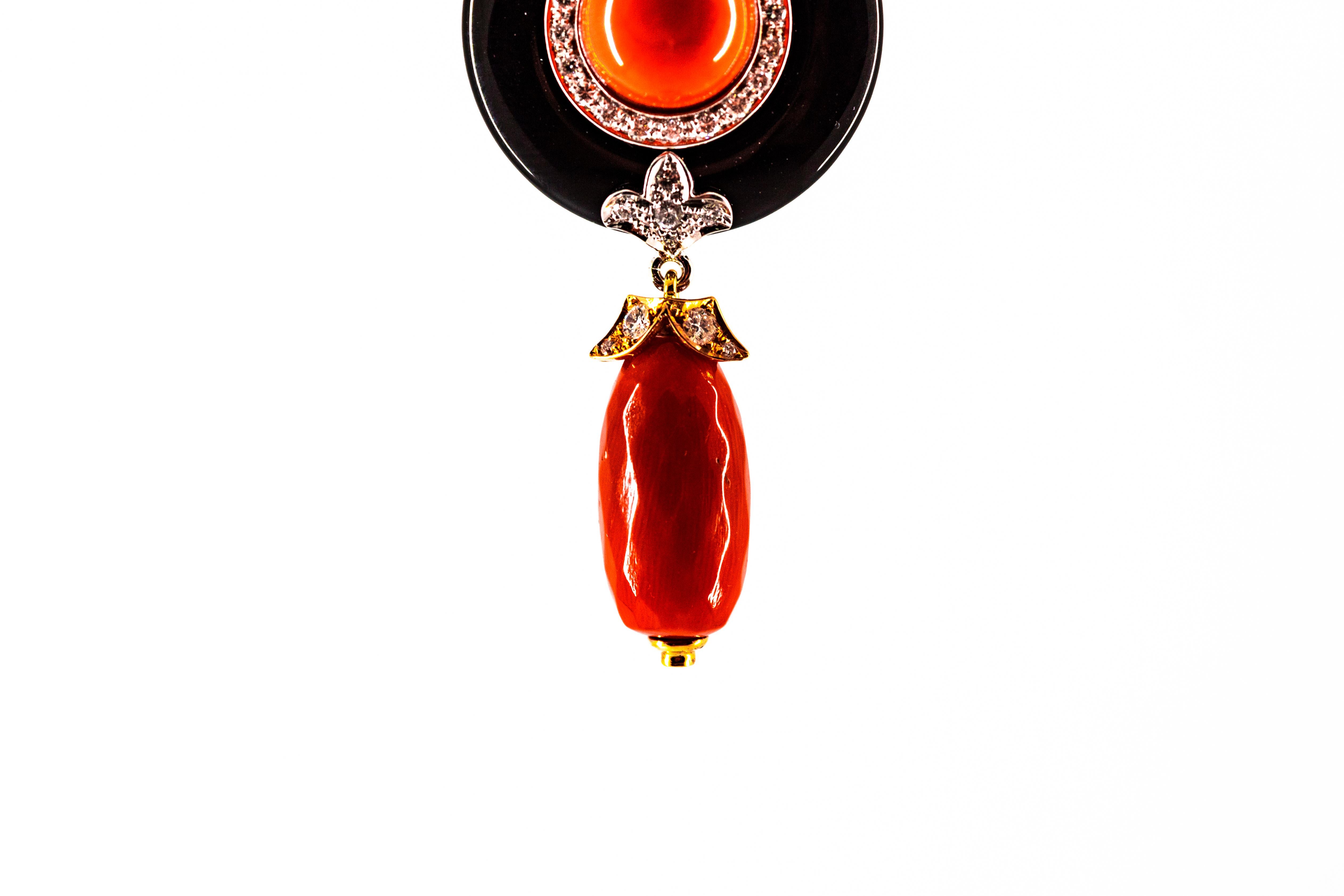 Brilliant Cut Art Deco Style Sardinia Red Coral White Diamond Onyx White Gold Pendant Necklace