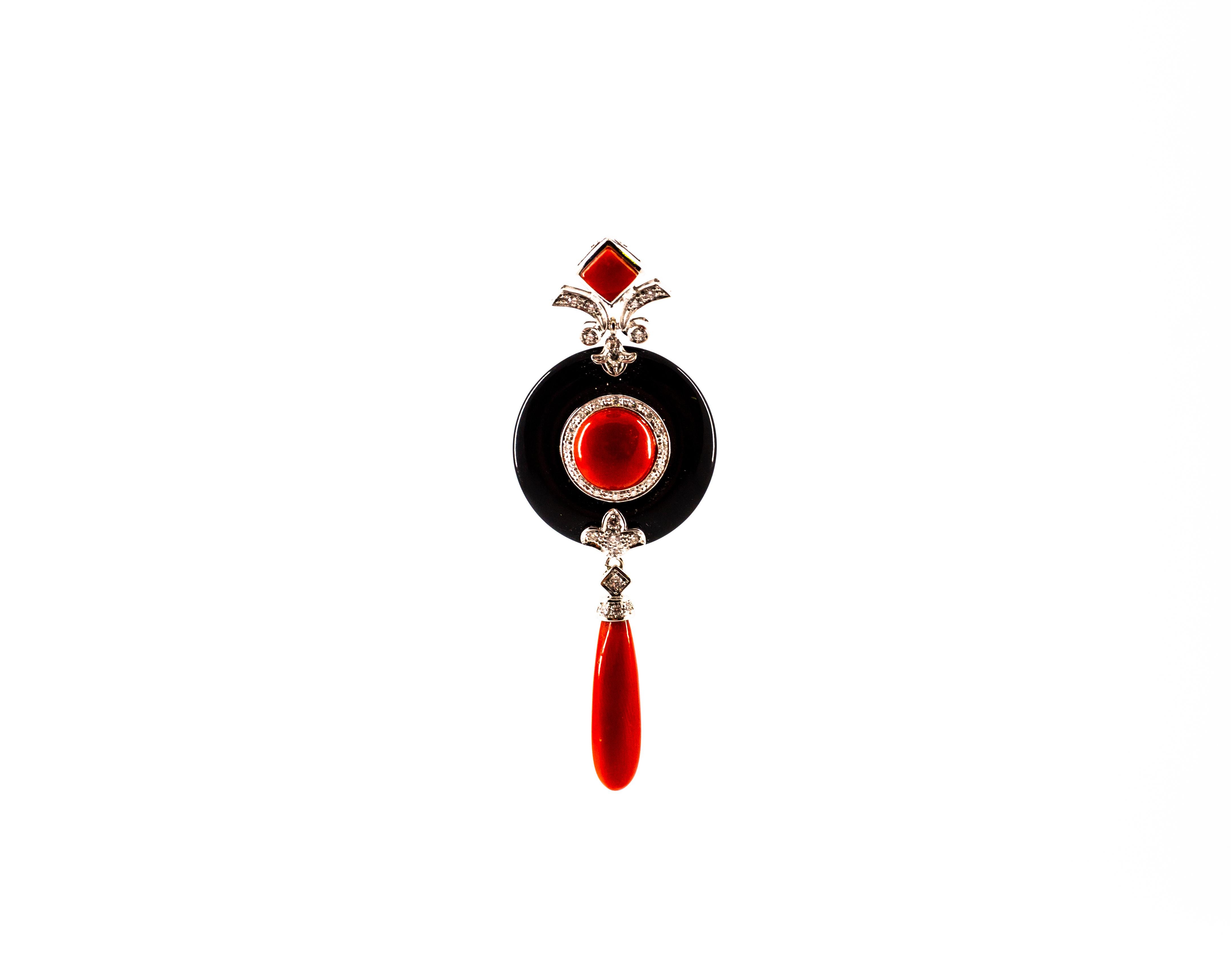 Cabochon Art Deco Style Sardinia Red Coral White Diamond Onyx White Gold Pendant Necklace For Sale