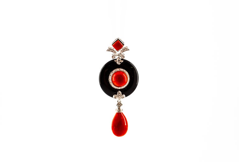 Round Cut Art Deco Style Sardinia Red Coral White Diamond Onyx White Gold Pendant Necklace For Sale