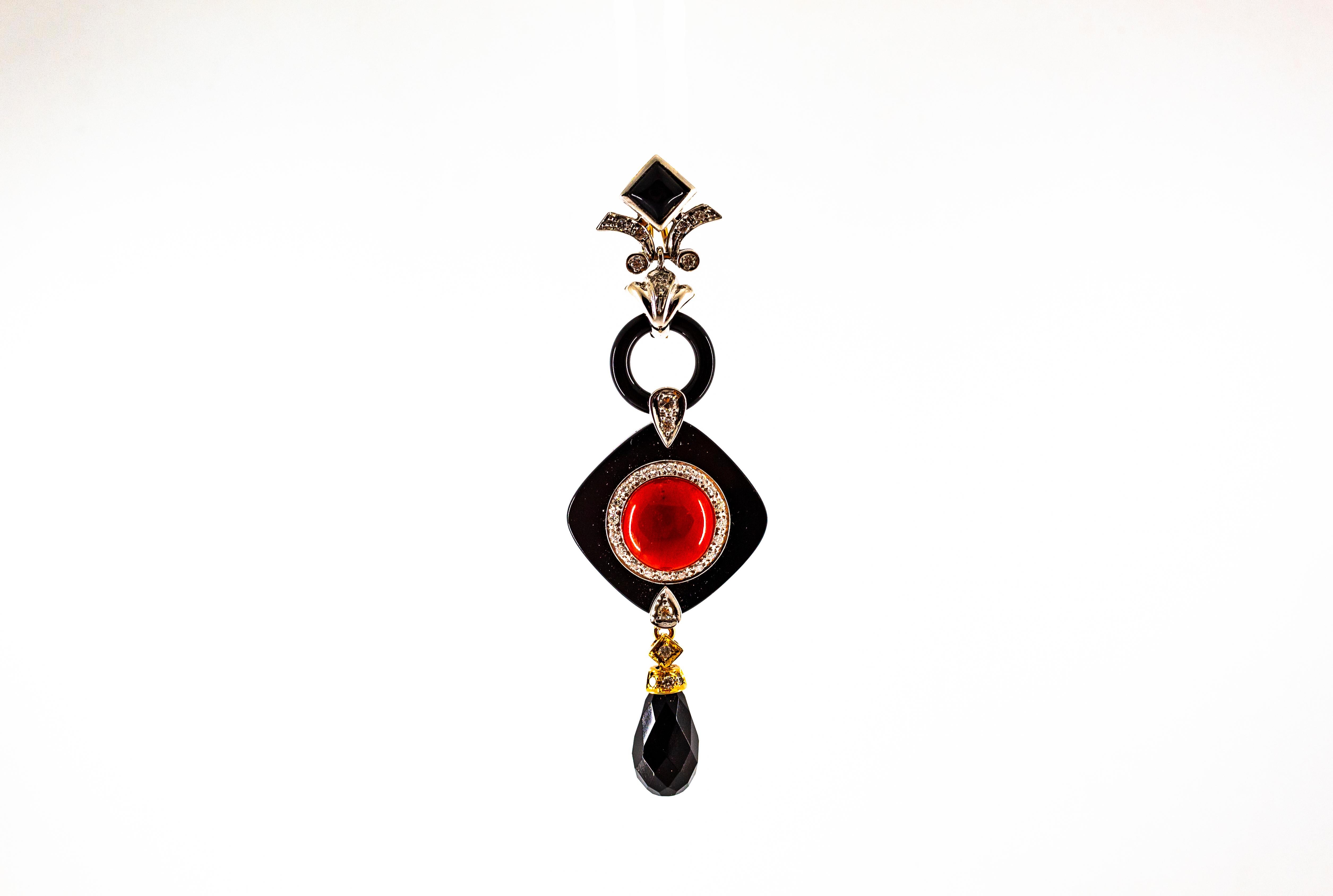 Brilliant Cut Art Deco Style Sardinia Red Coral White Diamond Onyx White Gold Pendant Necklace For Sale