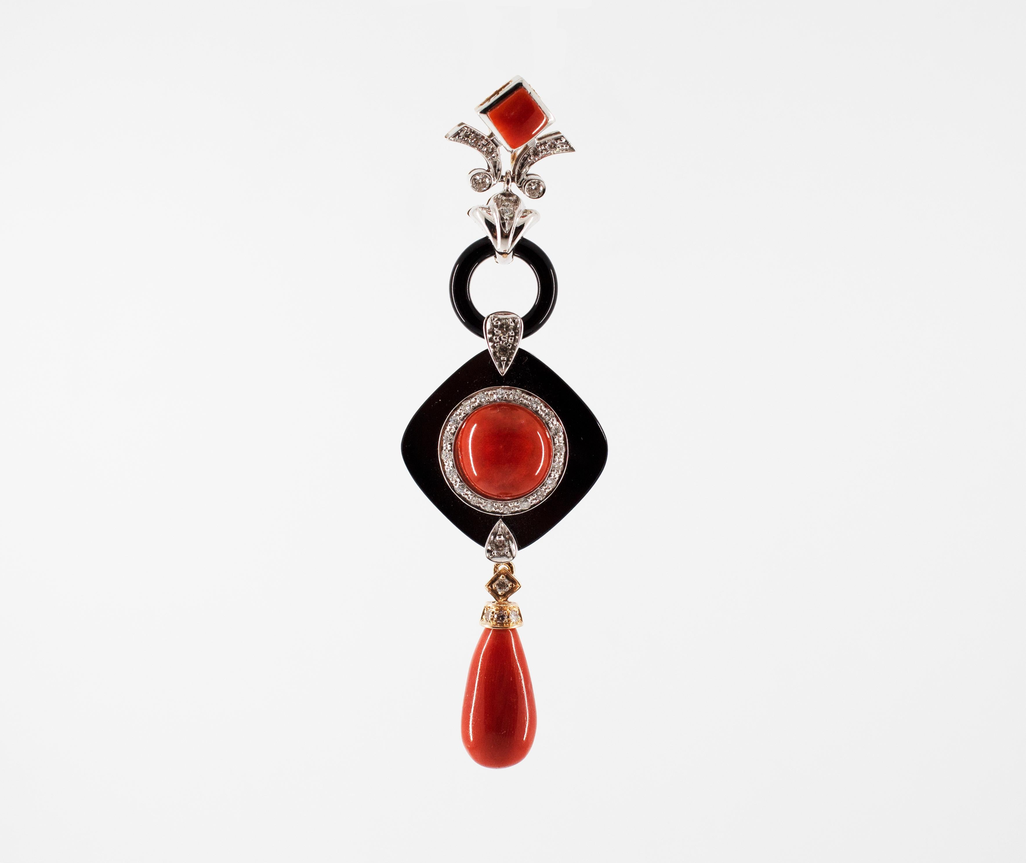 Brilliant Cut Art Deco Style Red Coral White Diamond Onyx White Gold Pendant Necklace
