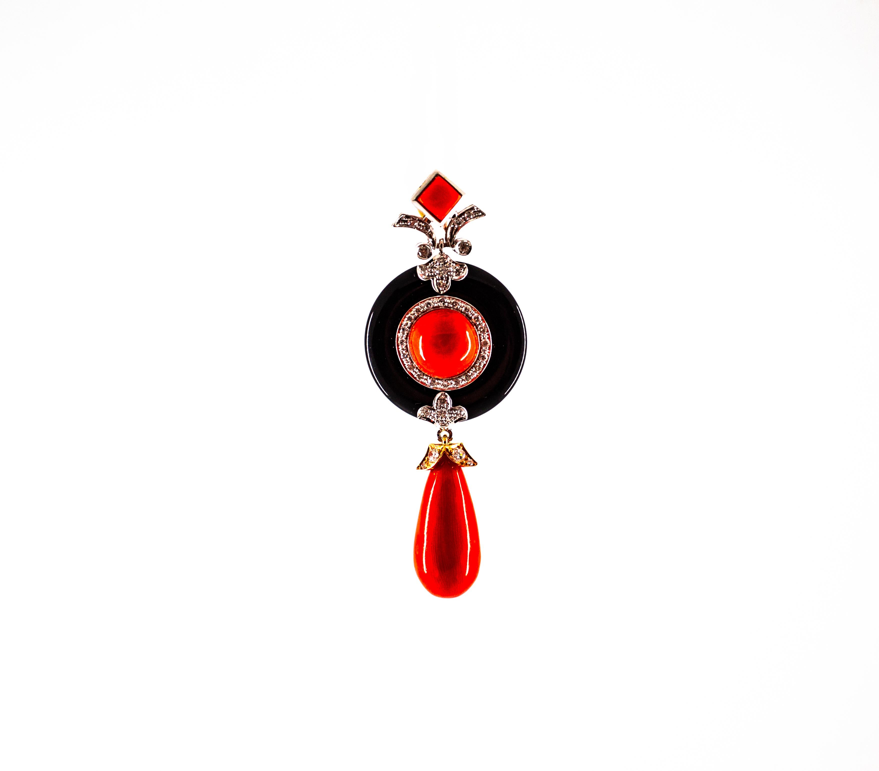 Art Deco Style Sardinia Red Coral White Diamond Onyx White Gold Pendant Necklace In New Condition In Naples, IT
