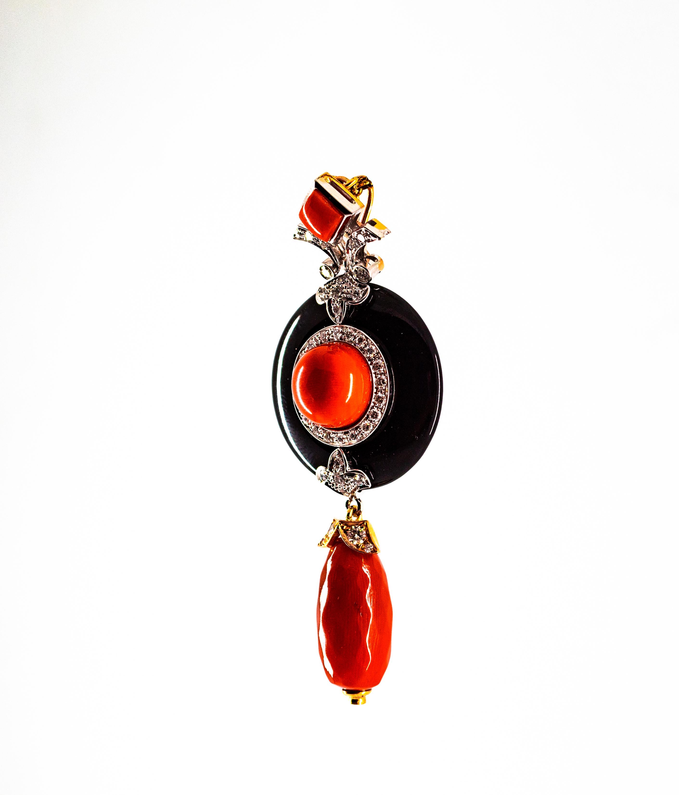 Art Deco Style Sardinia Red Coral White Diamond Onyx White Gold Pendant Necklace In New Condition In Naples, IT