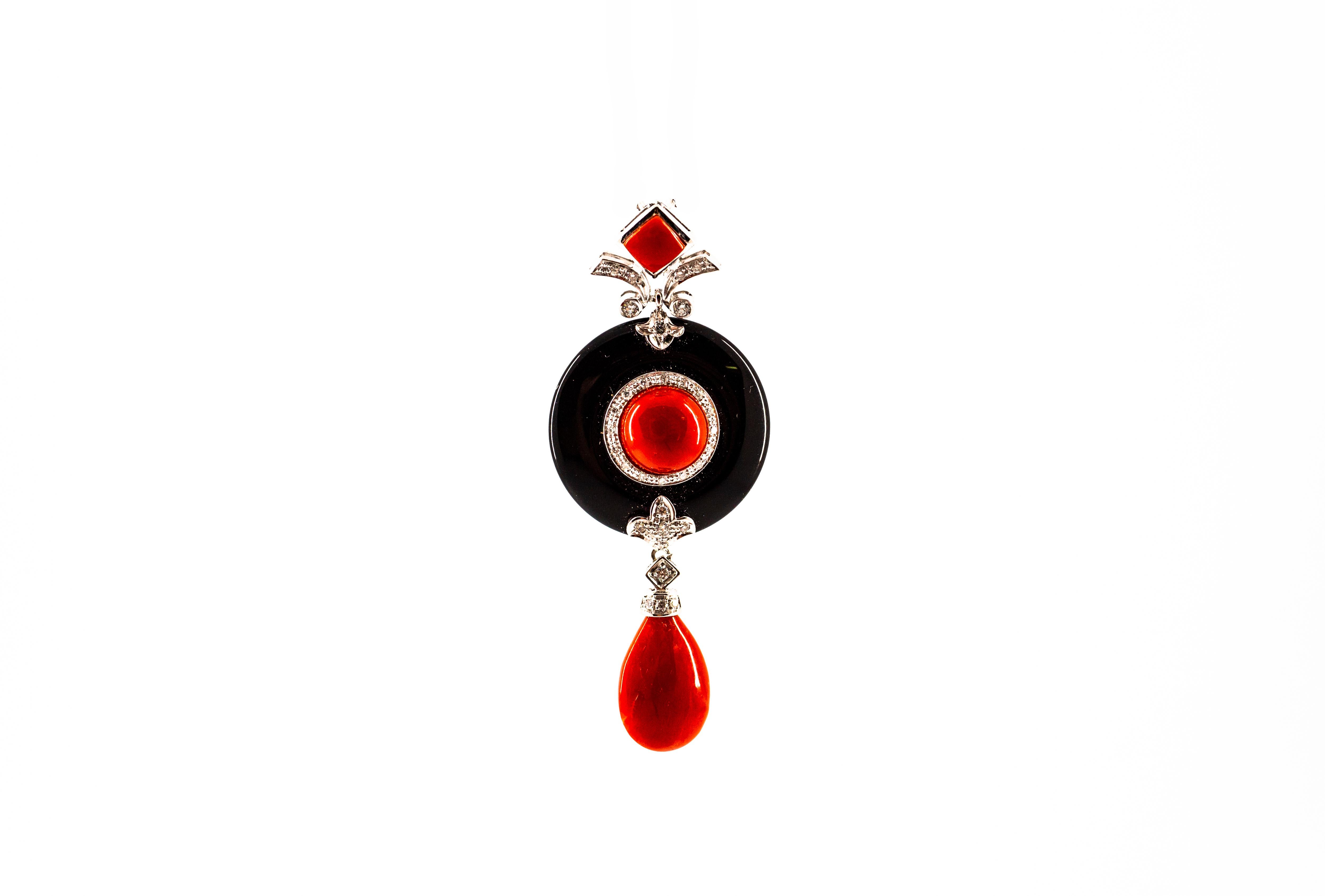 Art Deco Style Sardinia Red Coral White Diamond Onyx White Gold Pendant Necklace In New Condition In Naples, IT