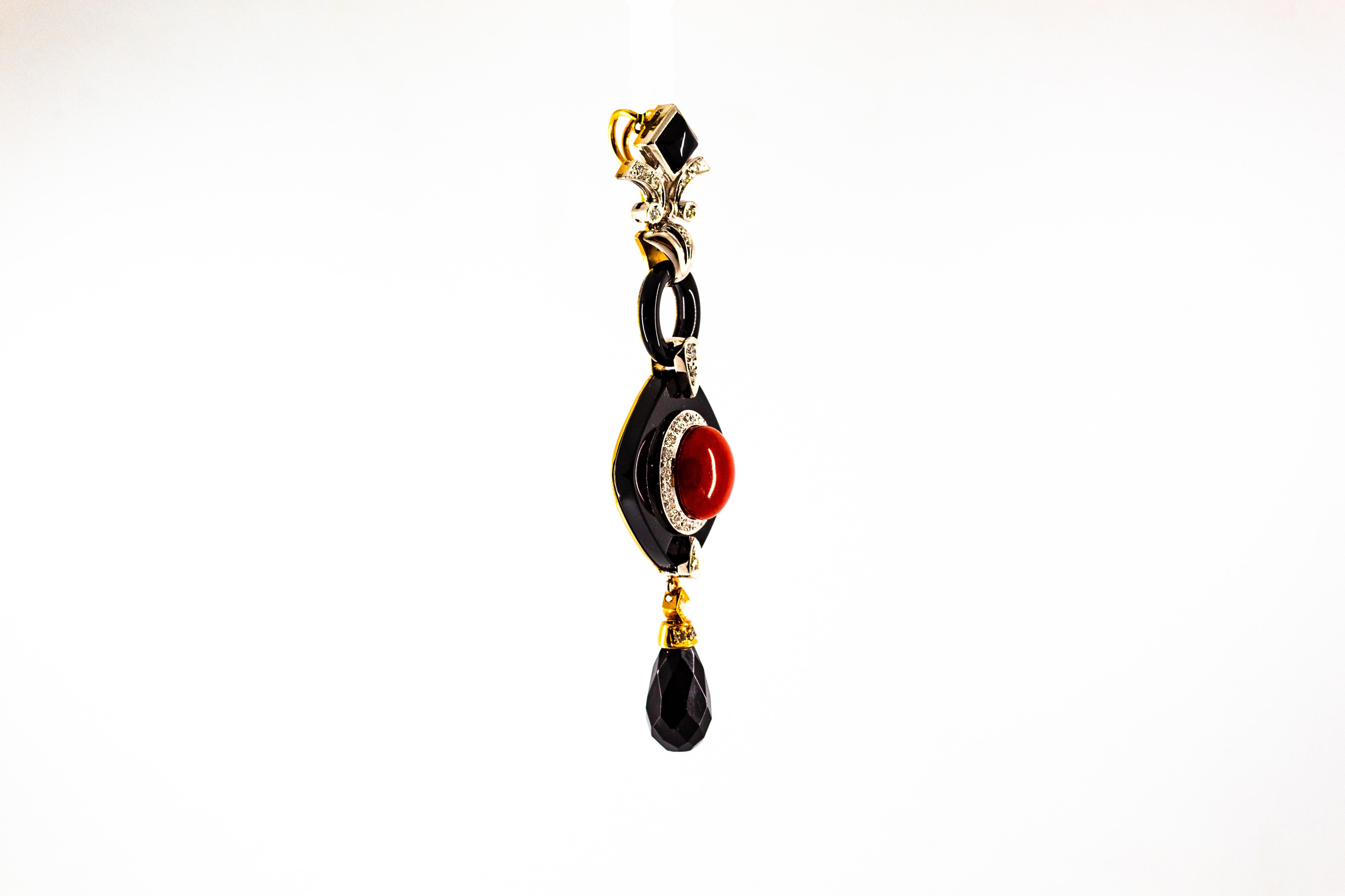 Art Deco Style Sardinia Red Coral White Diamond Onyx White Gold Pendant Necklace In New Condition For Sale In Naples, IT