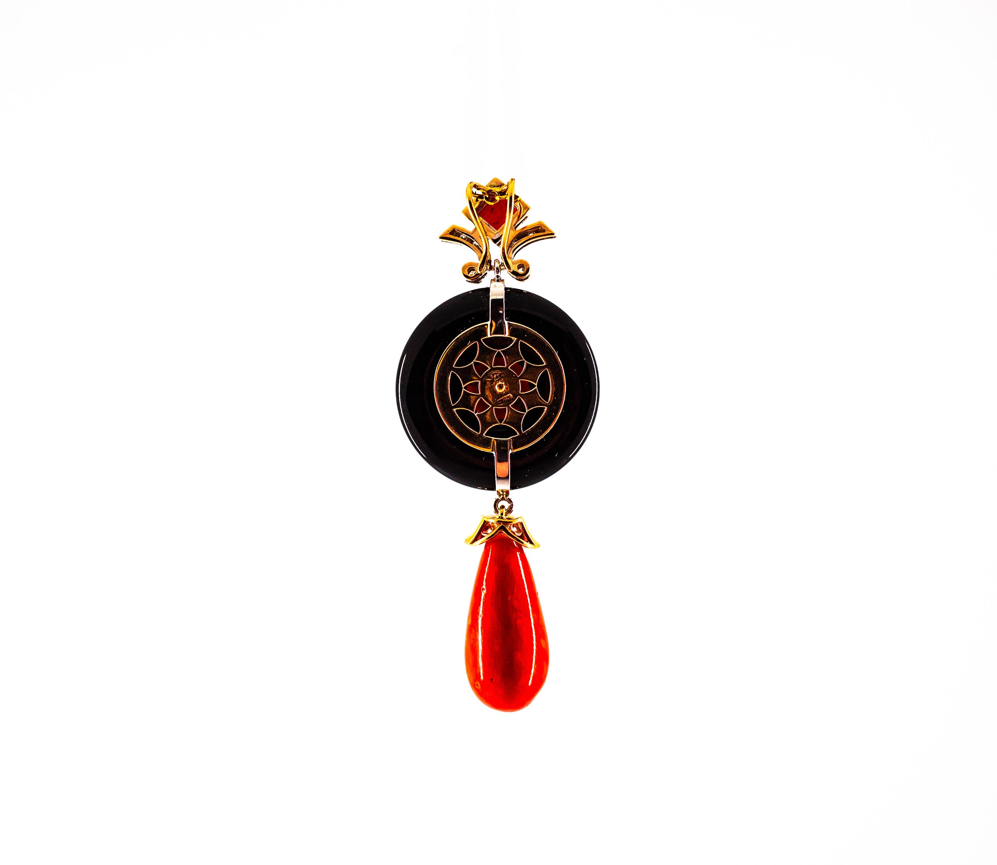 Women's or Men's Art Deco Style Sardinia Red Coral White Diamond Onyx White Gold Pendant Necklace