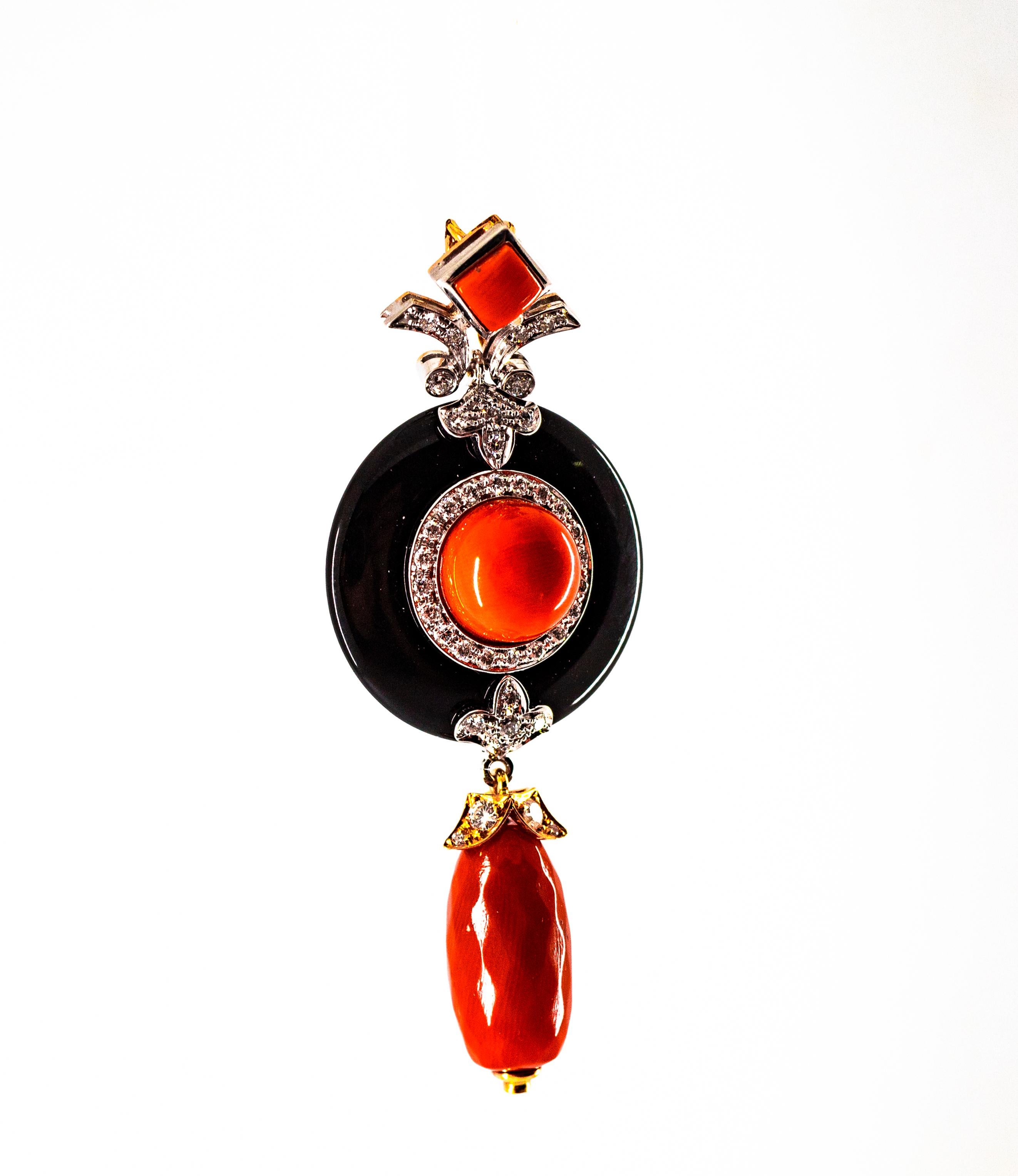 Women's or Men's Art Deco Style Sardinia Red Coral White Diamond Onyx White Gold Pendant Necklace For Sale