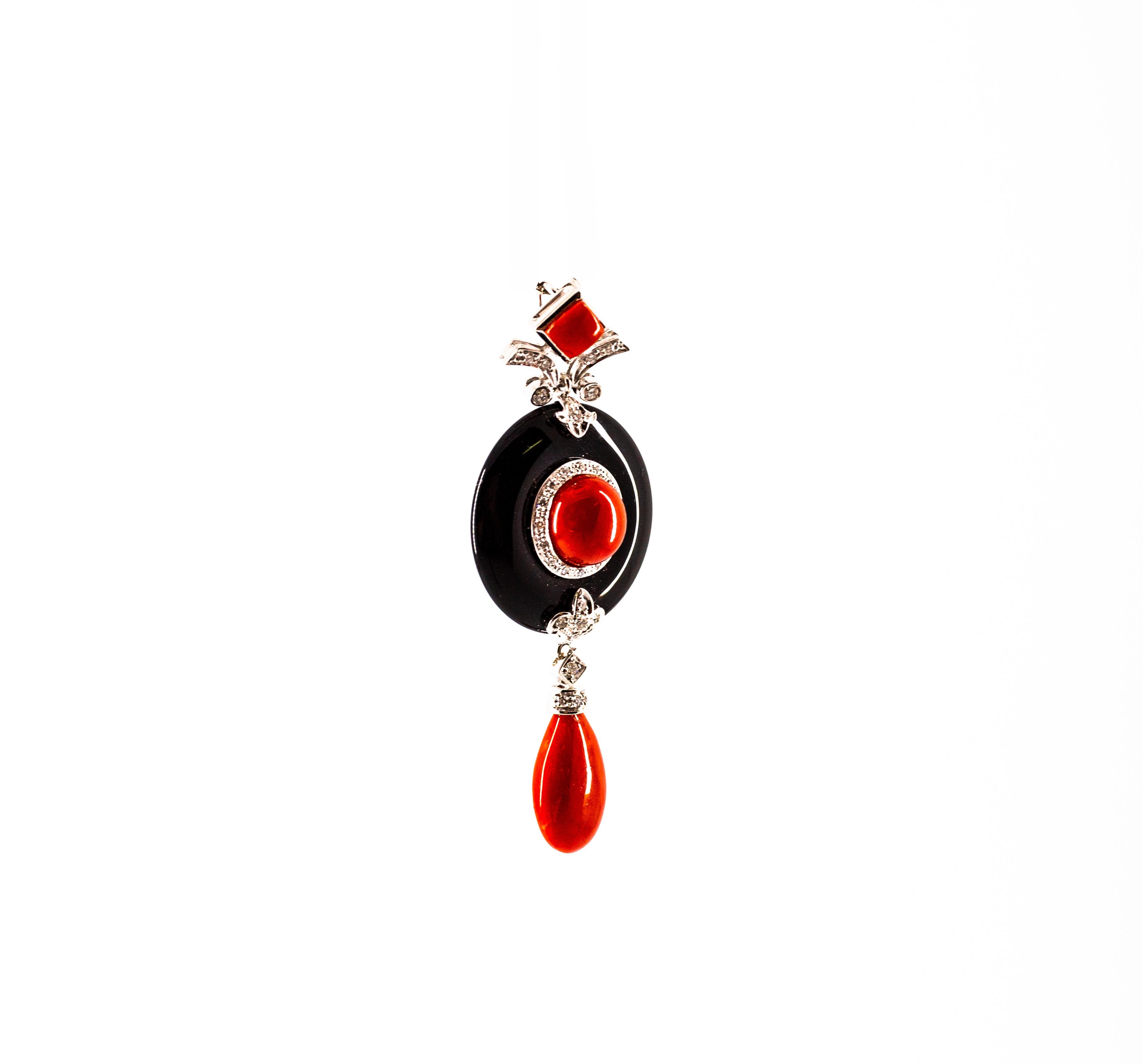 Women's or Men's Art Deco Style Sardinia Red Coral White Diamond Onyx White Gold Pendant Necklace