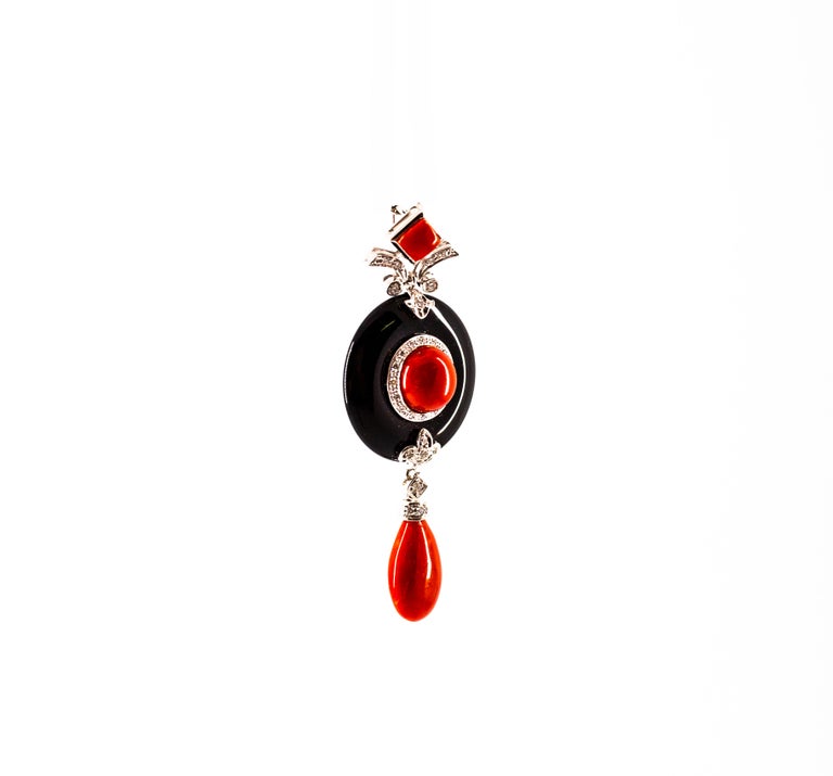 Women's or Men's Art Deco Style Sardinia Red Coral White Diamond Onyx White Gold Pendant Necklace For Sale