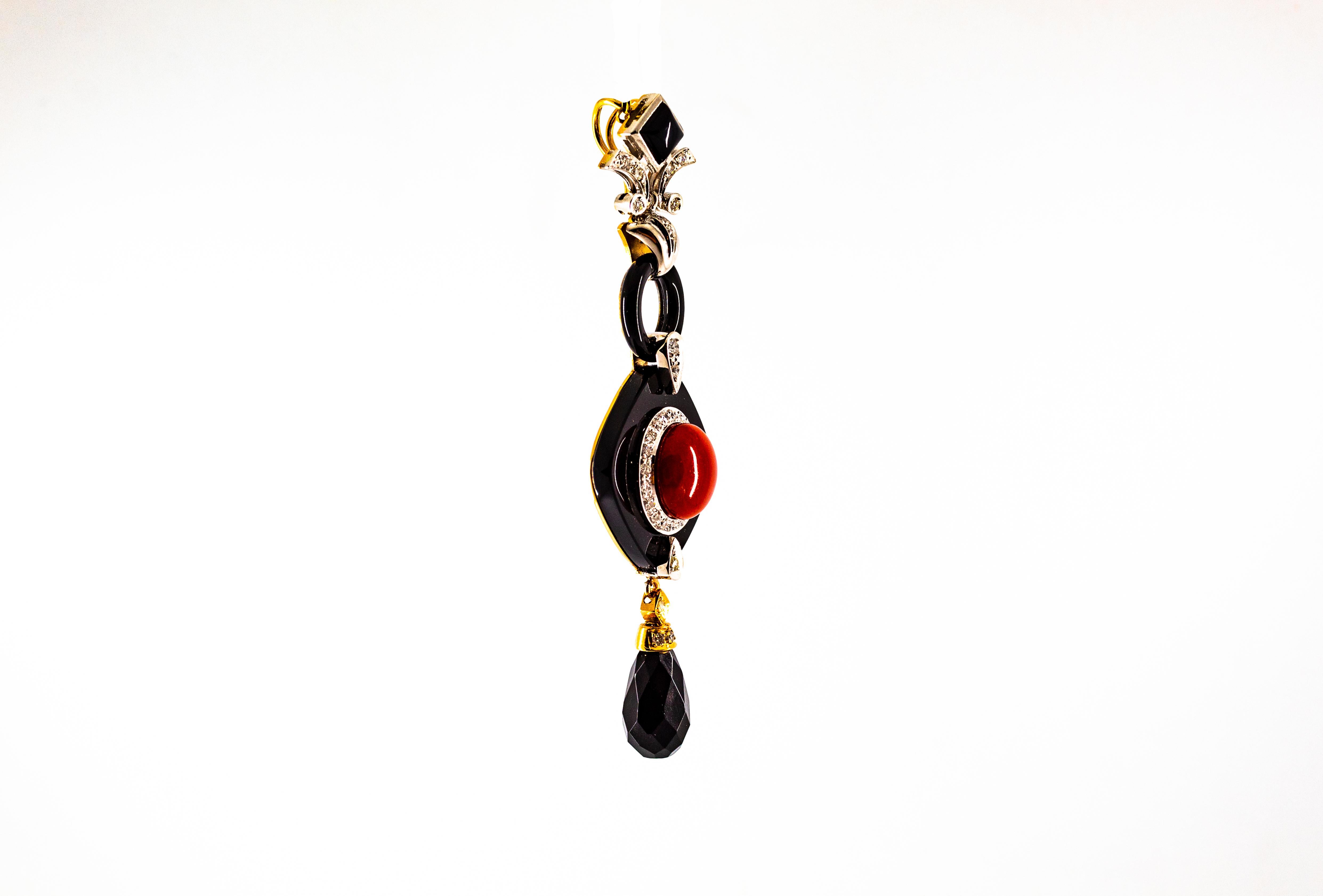 Women's or Men's Art Deco Style Sardinia Red Coral White Diamond Onyx White Gold Pendant Necklace For Sale