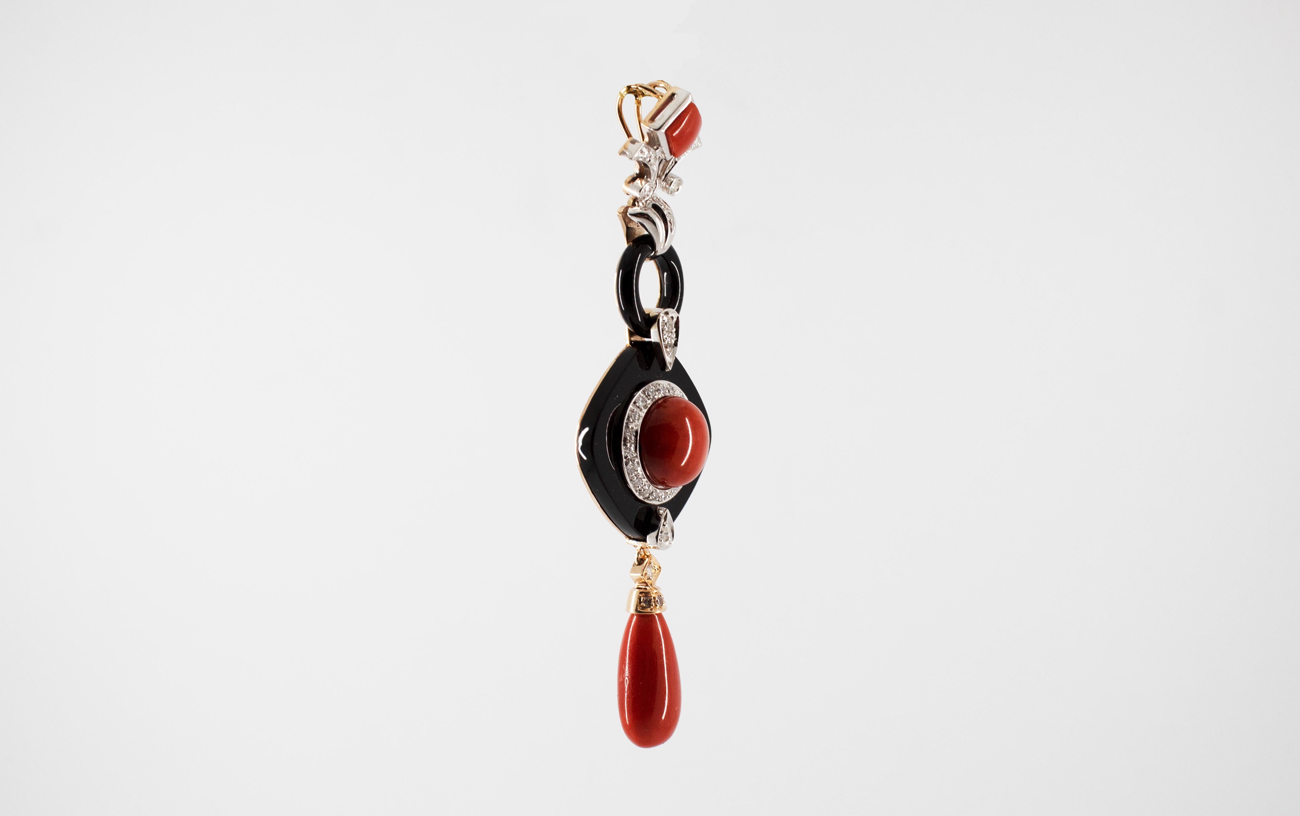 Women's or Men's Art Deco Style Red Coral White Diamond Onyx White Gold Pendant Necklace
