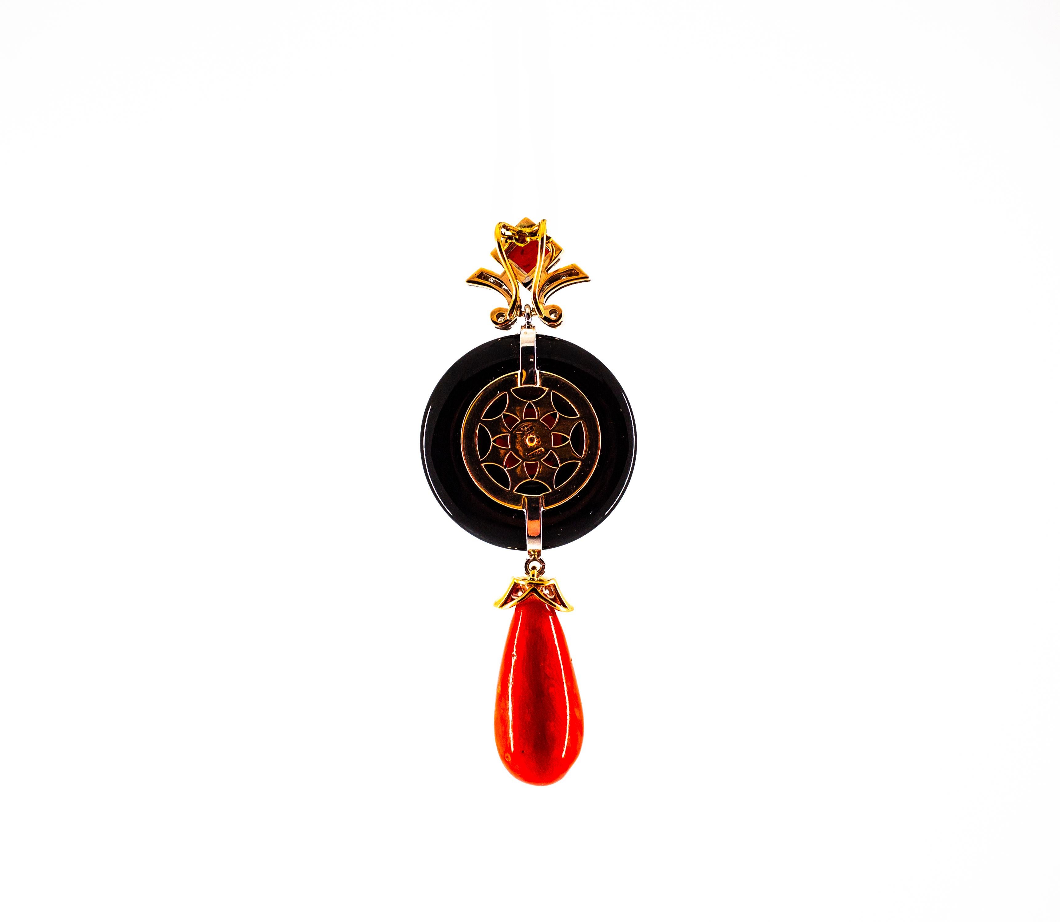 Art Deco Style Sardinia Red Coral White Diamond Onyx White Gold Pendant Necklace 1