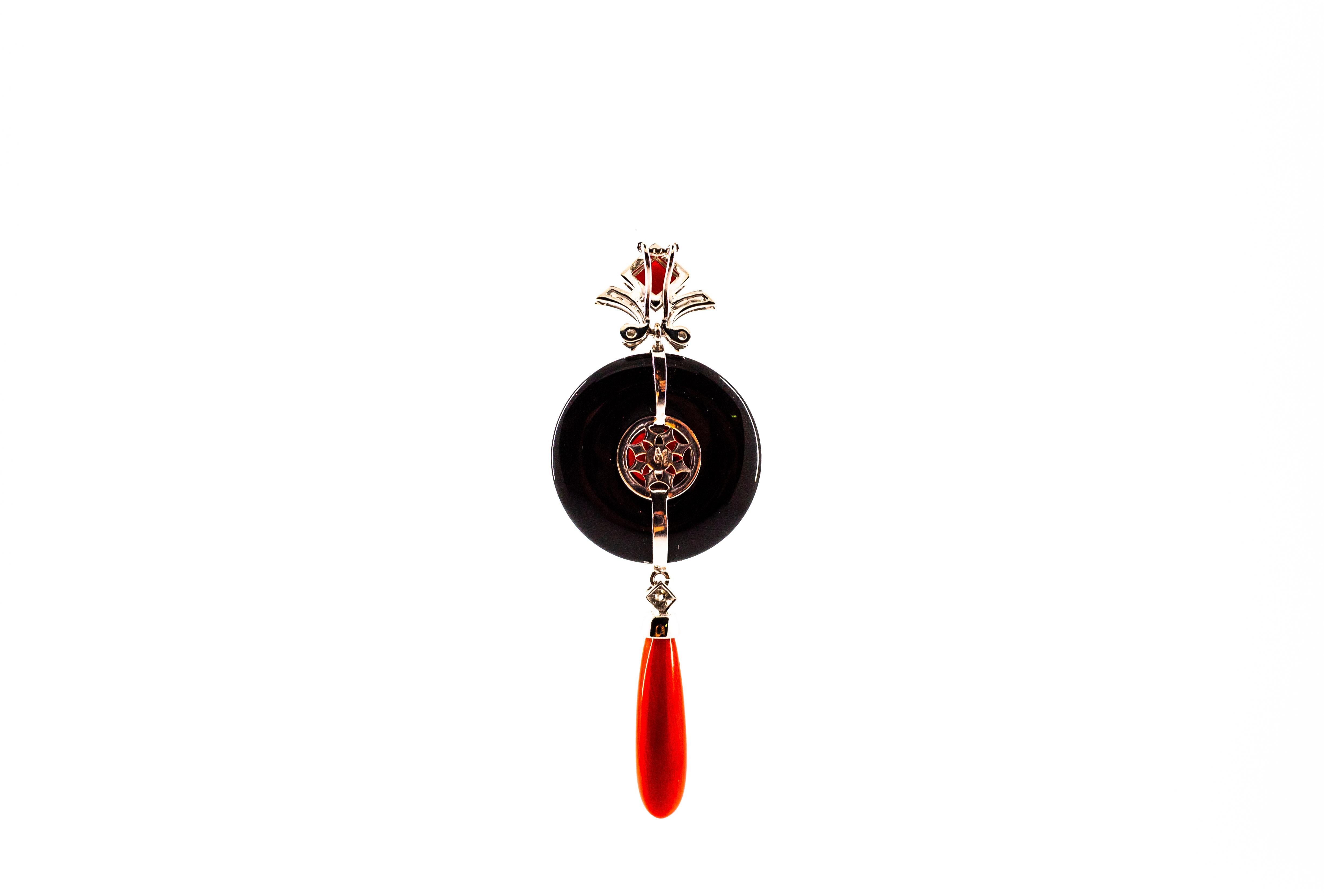 Art Deco Style Sardinia Red Coral White Diamond Onyx White Gold Pendant Necklace For Sale 1