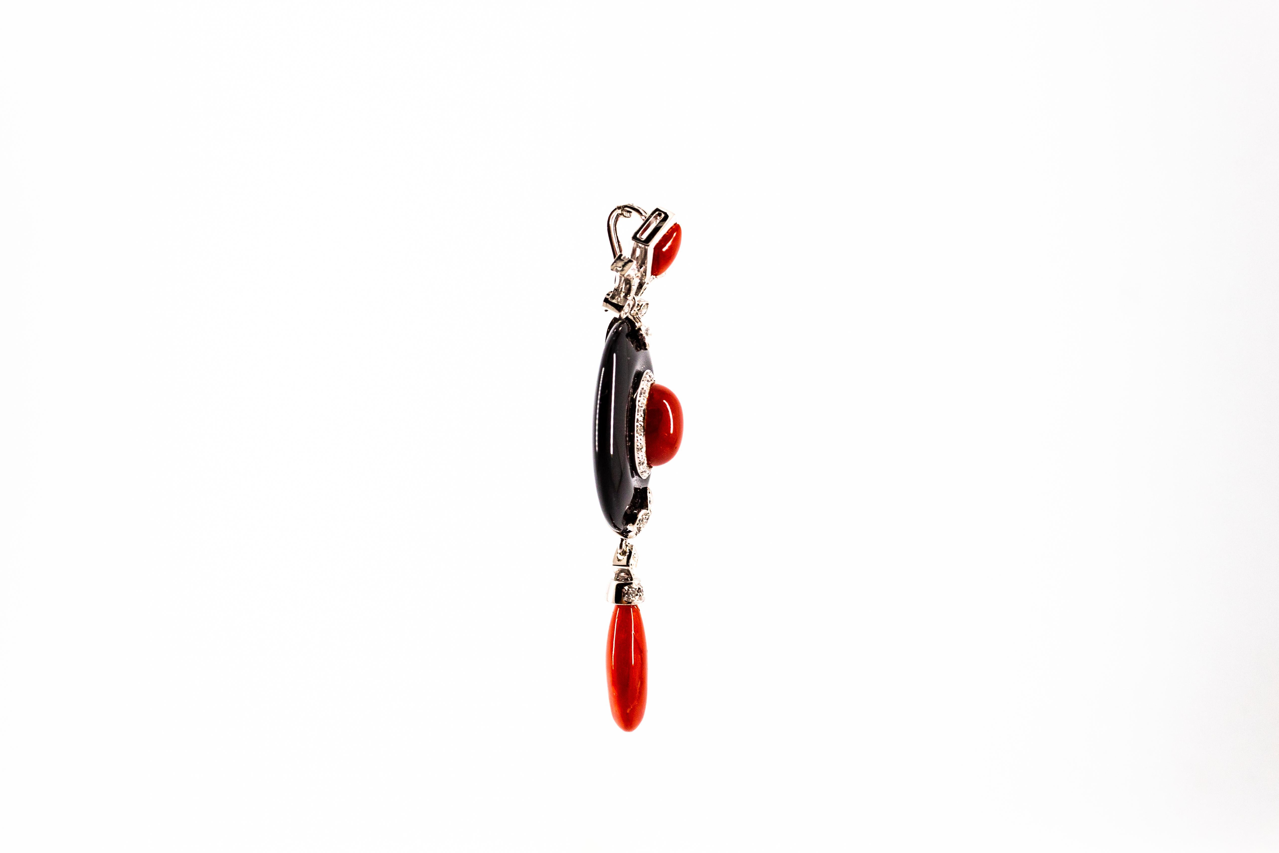Art Deco Style Sardinia Red Coral White Diamond Onyx White Gold Pendant Necklace 1