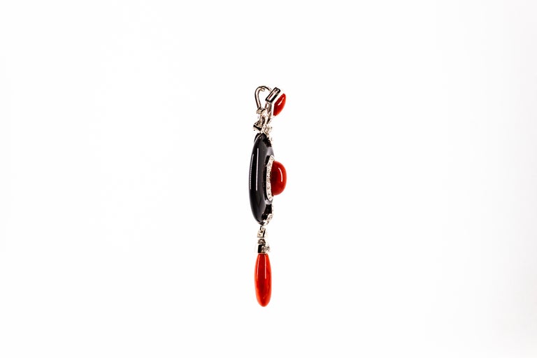Art Deco Style Sardinia Red Coral White Diamond Onyx White Gold Pendant Necklace For Sale 1