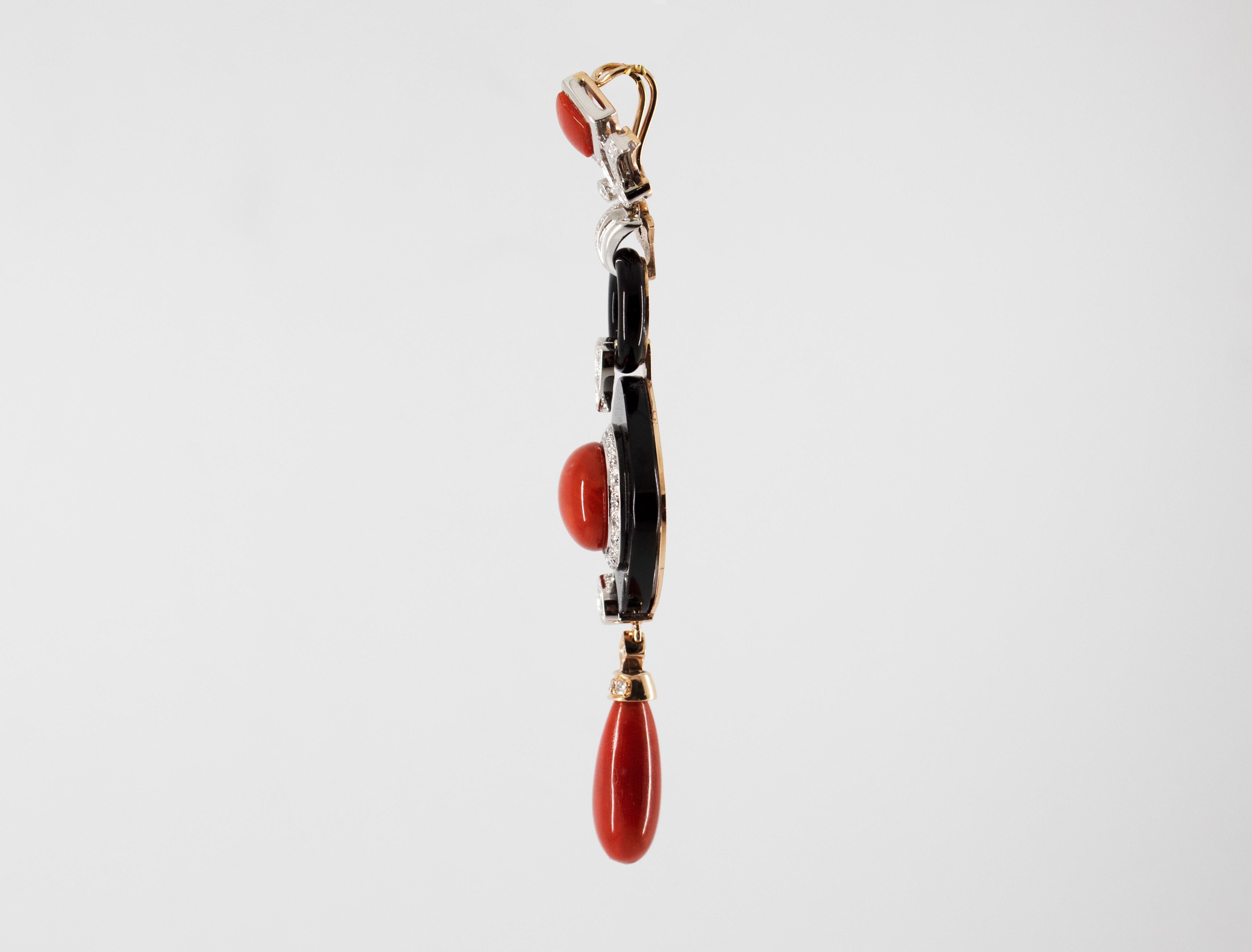 Art Deco Style Red Coral White Diamond Onyx White Gold Pendant Necklace 1