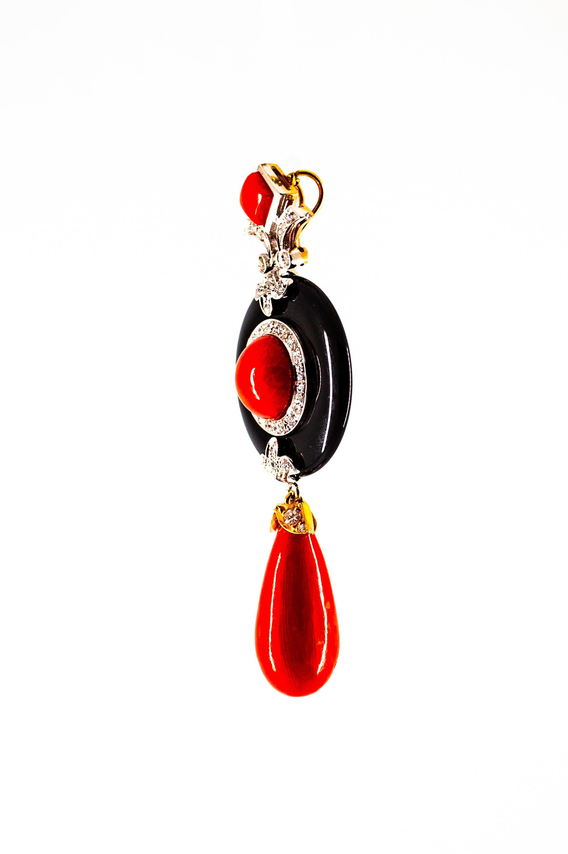 Art Deco Style Sardinia Red Coral White Diamond Onyx White Gold Pendant Necklace 2