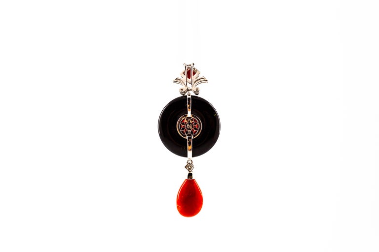 Art Deco Style Sardinia Red Coral White Diamond Onyx White Gold Pendant Necklace For Sale 2