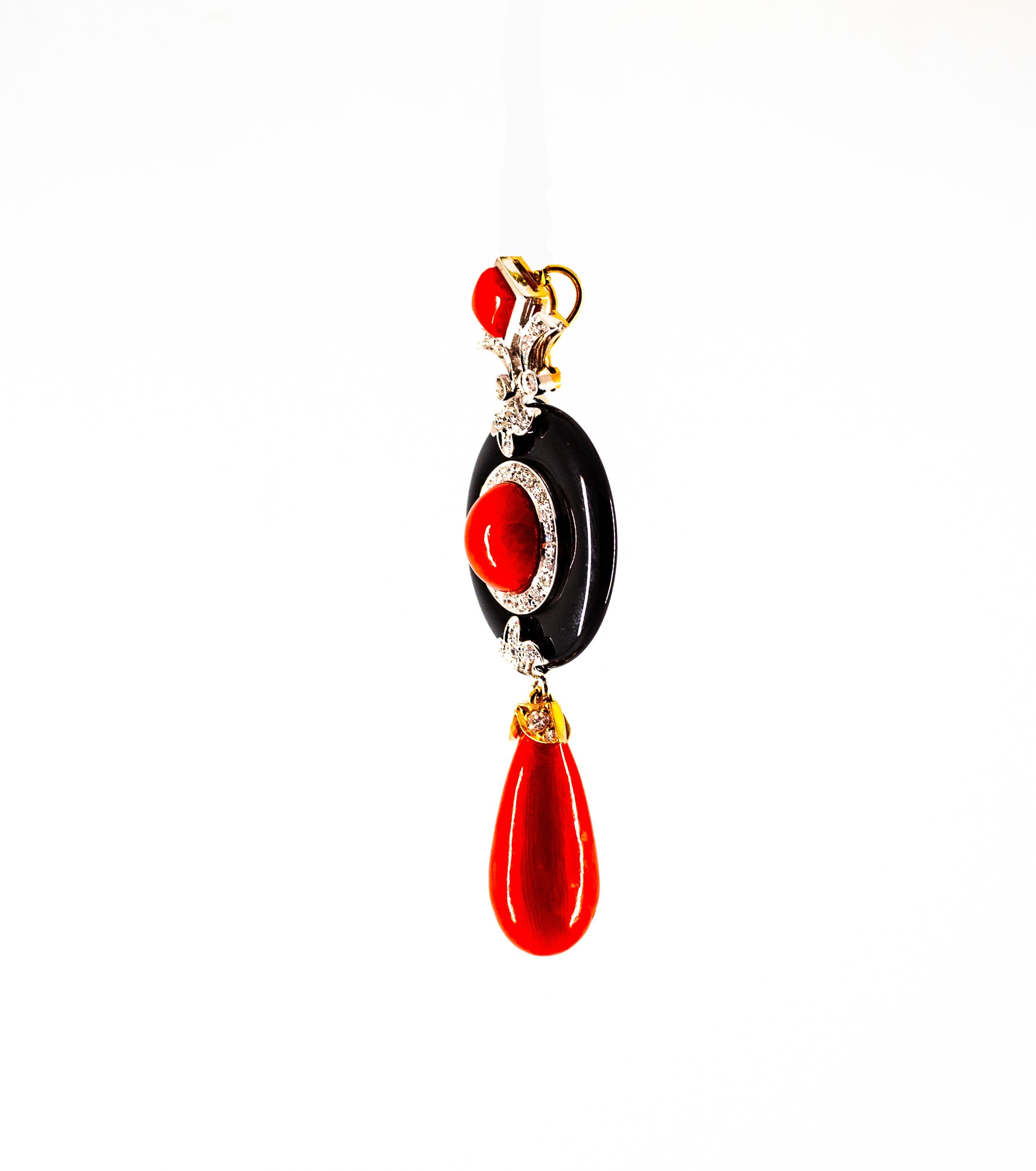 Art Deco Style Sardinia Red Coral White Diamond Onyx White Gold Pendant Necklace 3