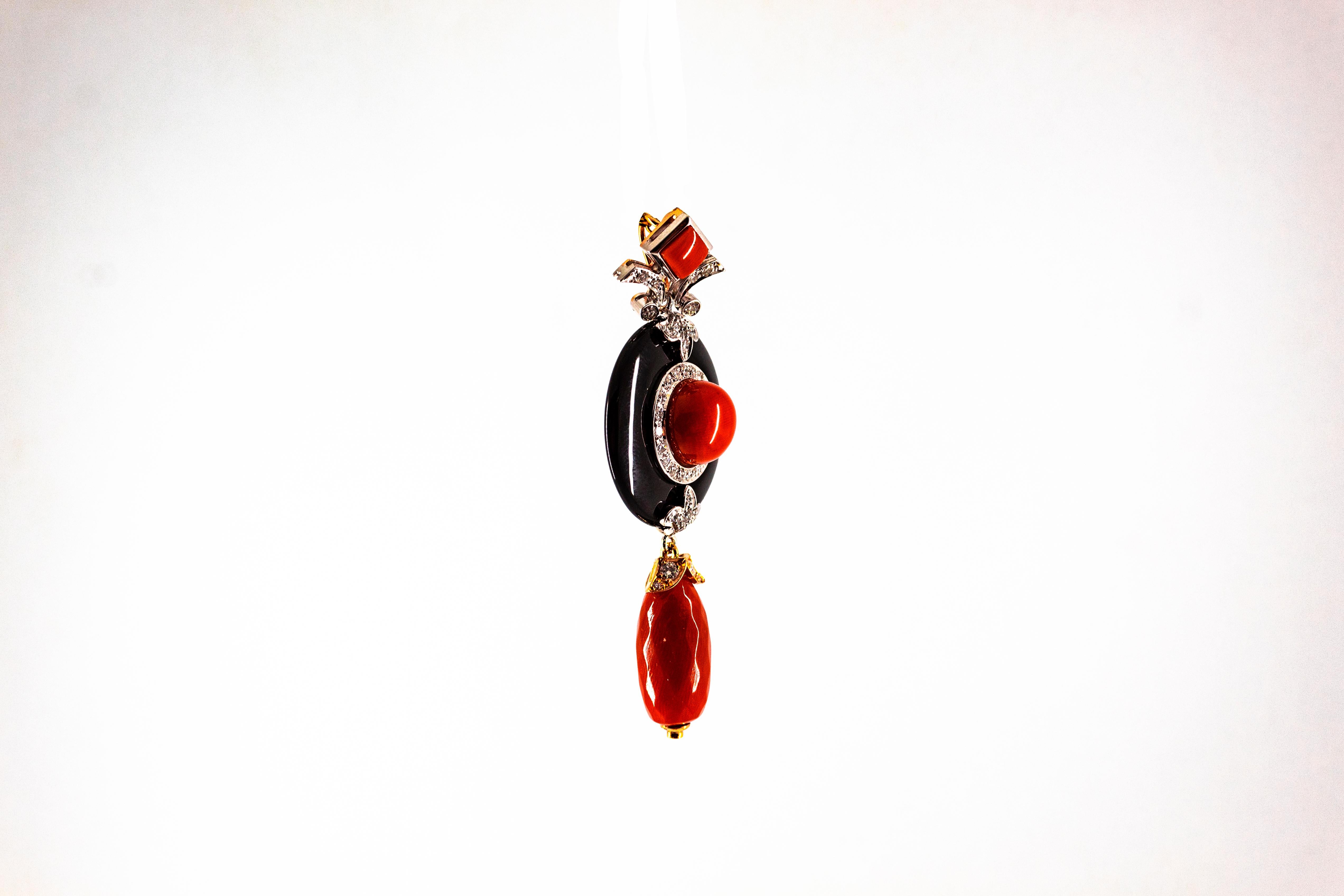 Art Deco Style Sardinia Red Coral White Diamond Onyx White Gold Pendant Necklace 3