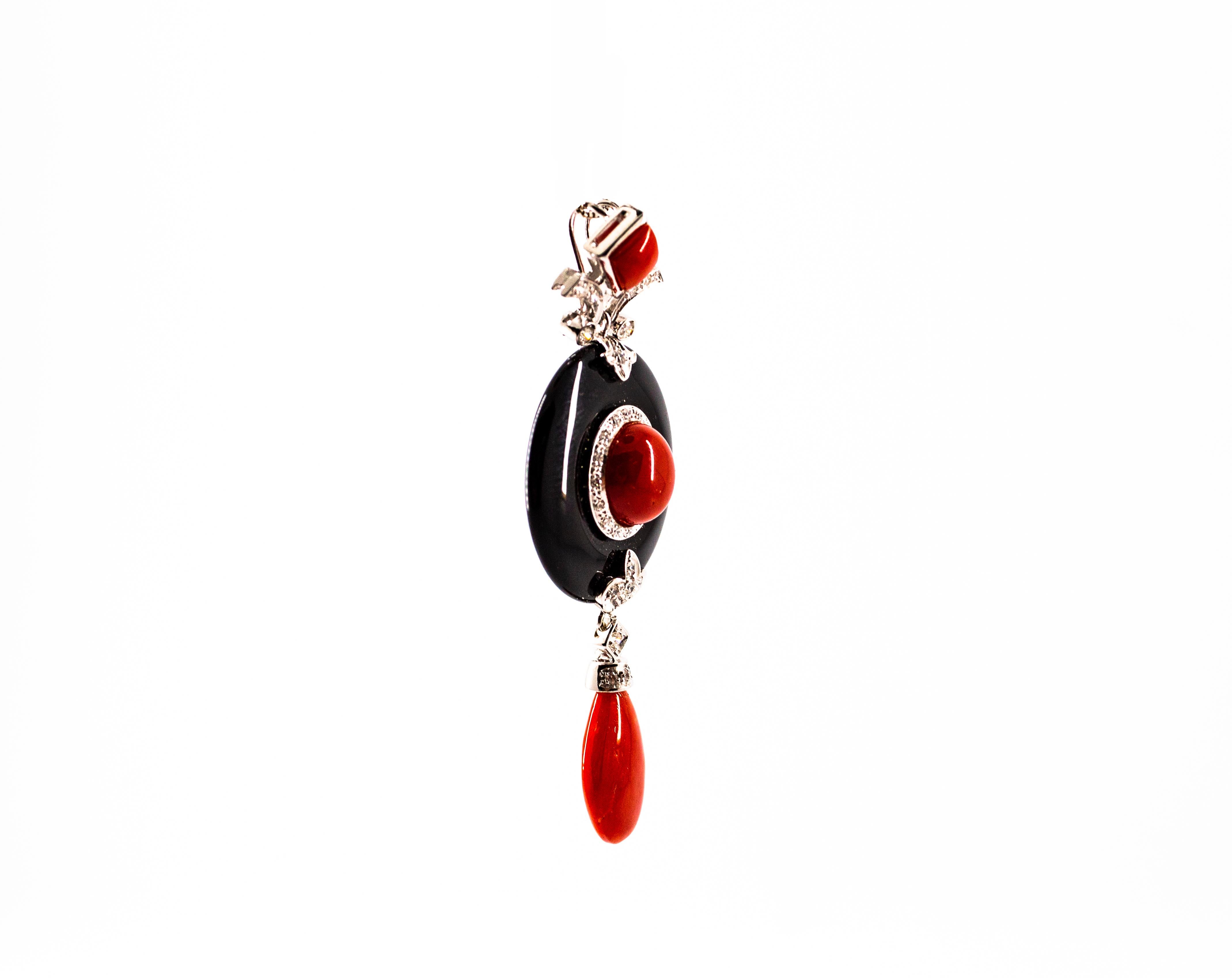 Art Deco Style Sardinia Red Coral White Diamond Onyx White Gold Pendant Necklace 3