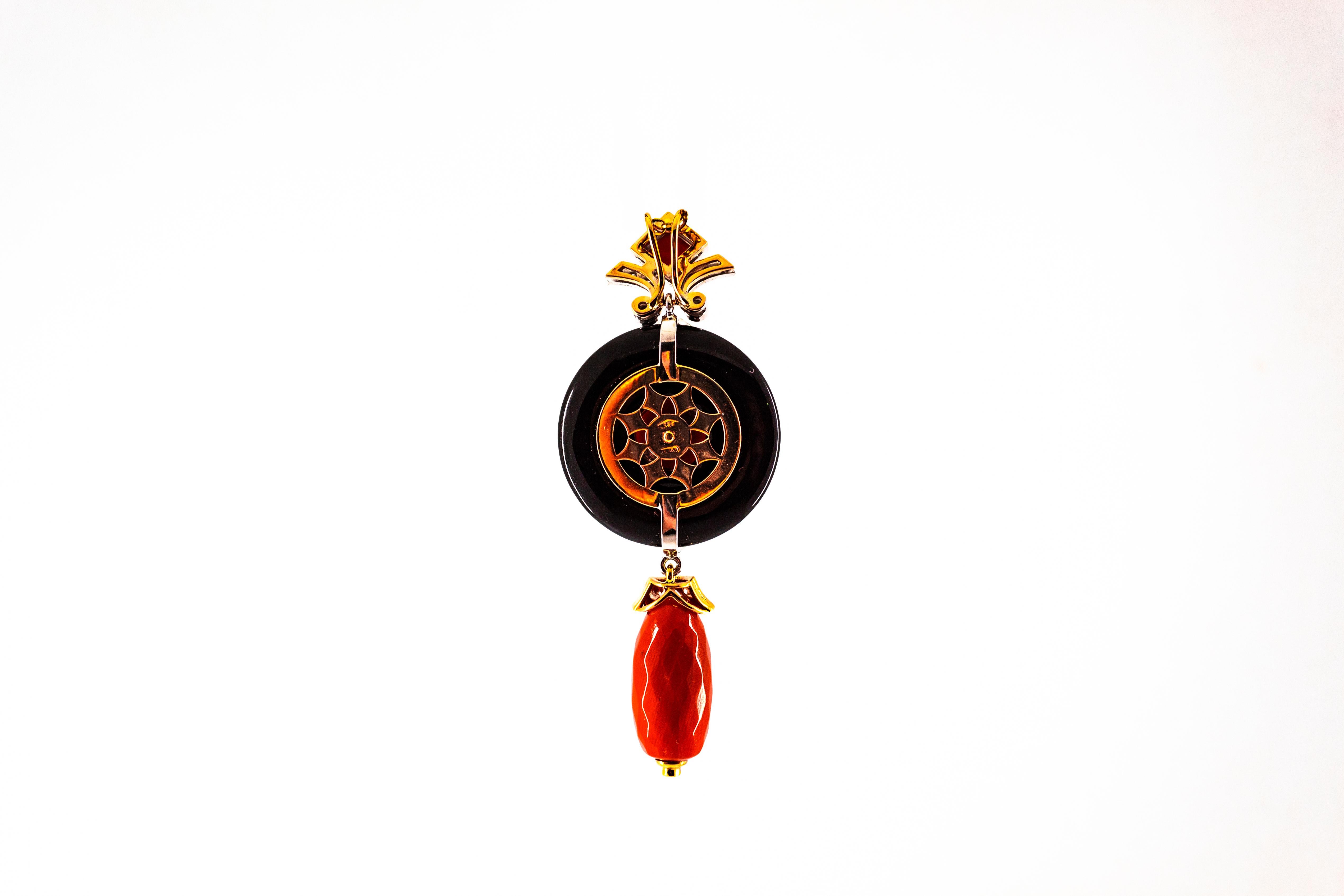 Art Deco Style Sardinia Red Coral White Diamond Onyx White Gold Pendant Necklace 4