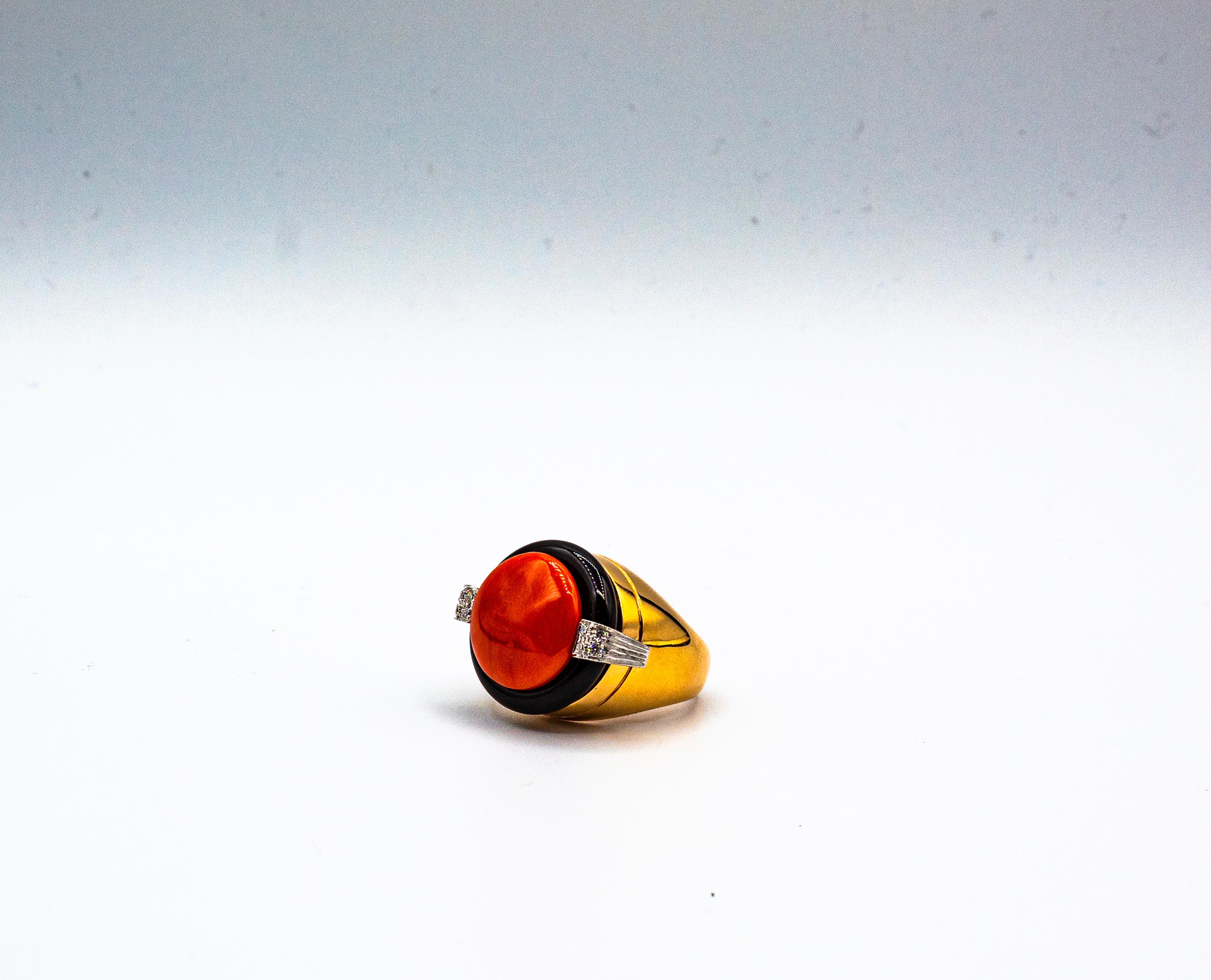 Art Deco Mediterranean Red Coral White Diamond Onyx Yellow Gold Cocktail Ring For Sale 5