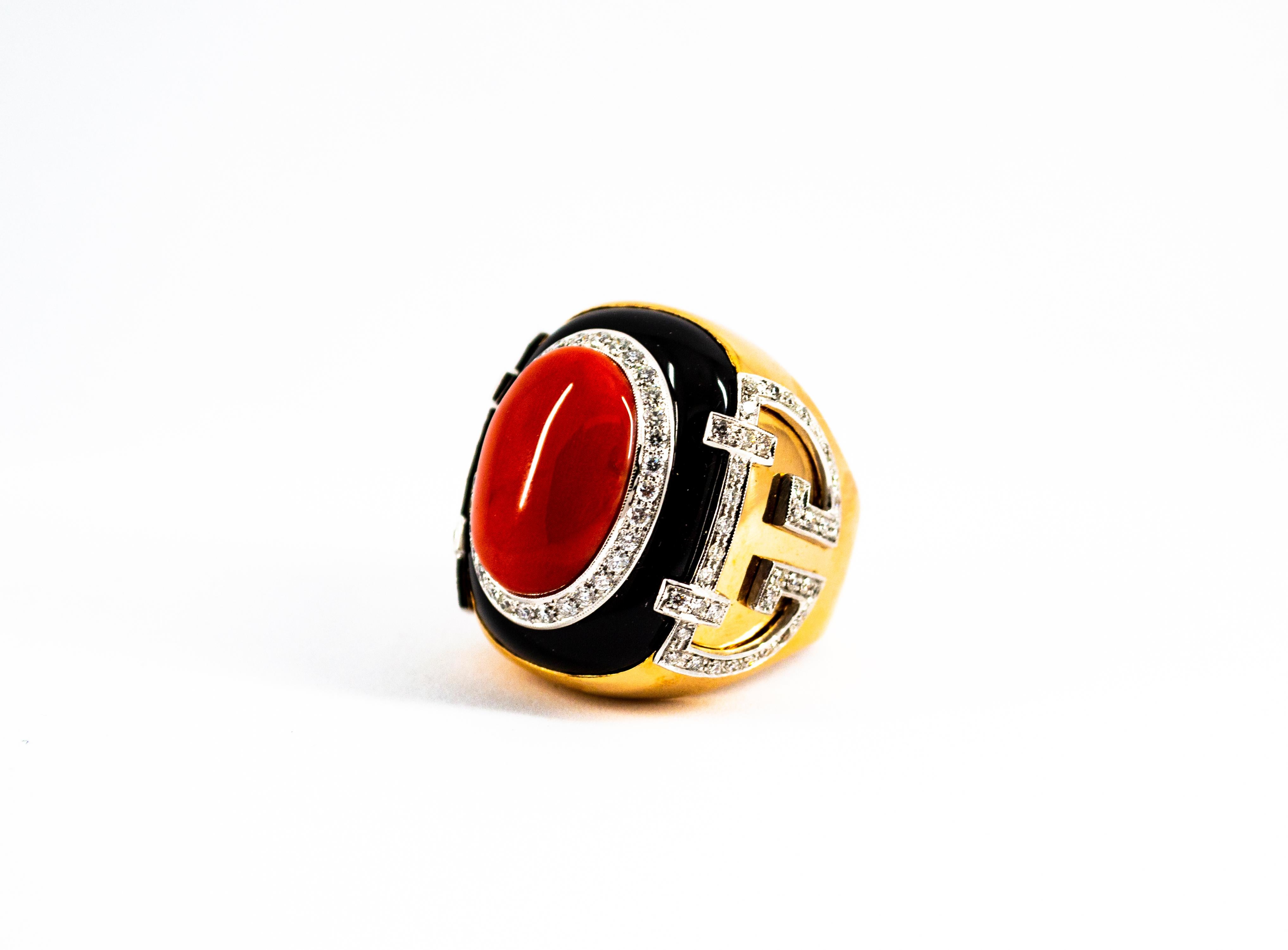 Anillo de Cóctel Art Decó Mediterráneo Coral Rojo Diamante Blanco Ónix Oro Amarillo en venta 5