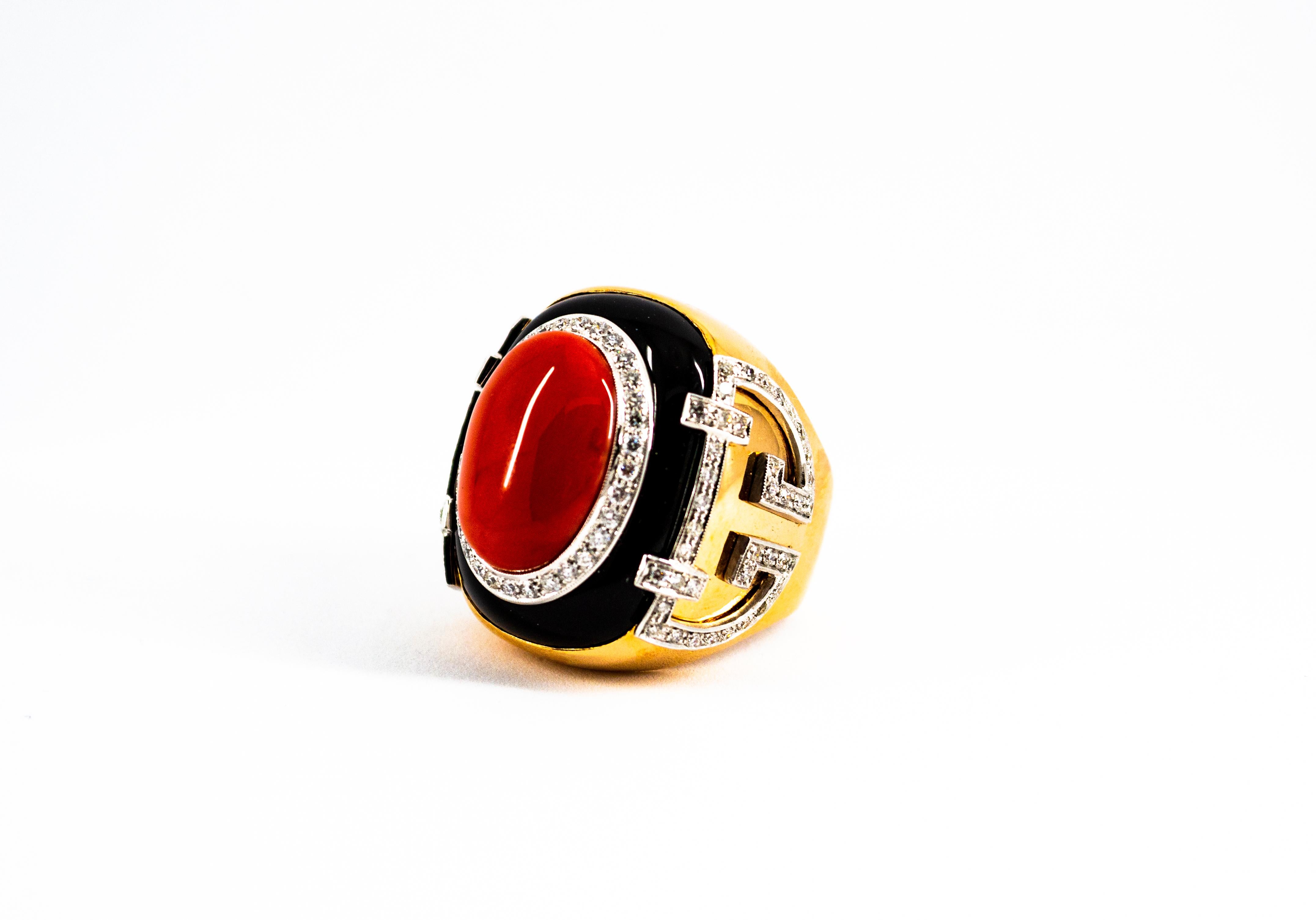 Art Deco Mediterranean Red Coral White Diamond Onyx Yellow Gold Cocktail Ring For Sale 6