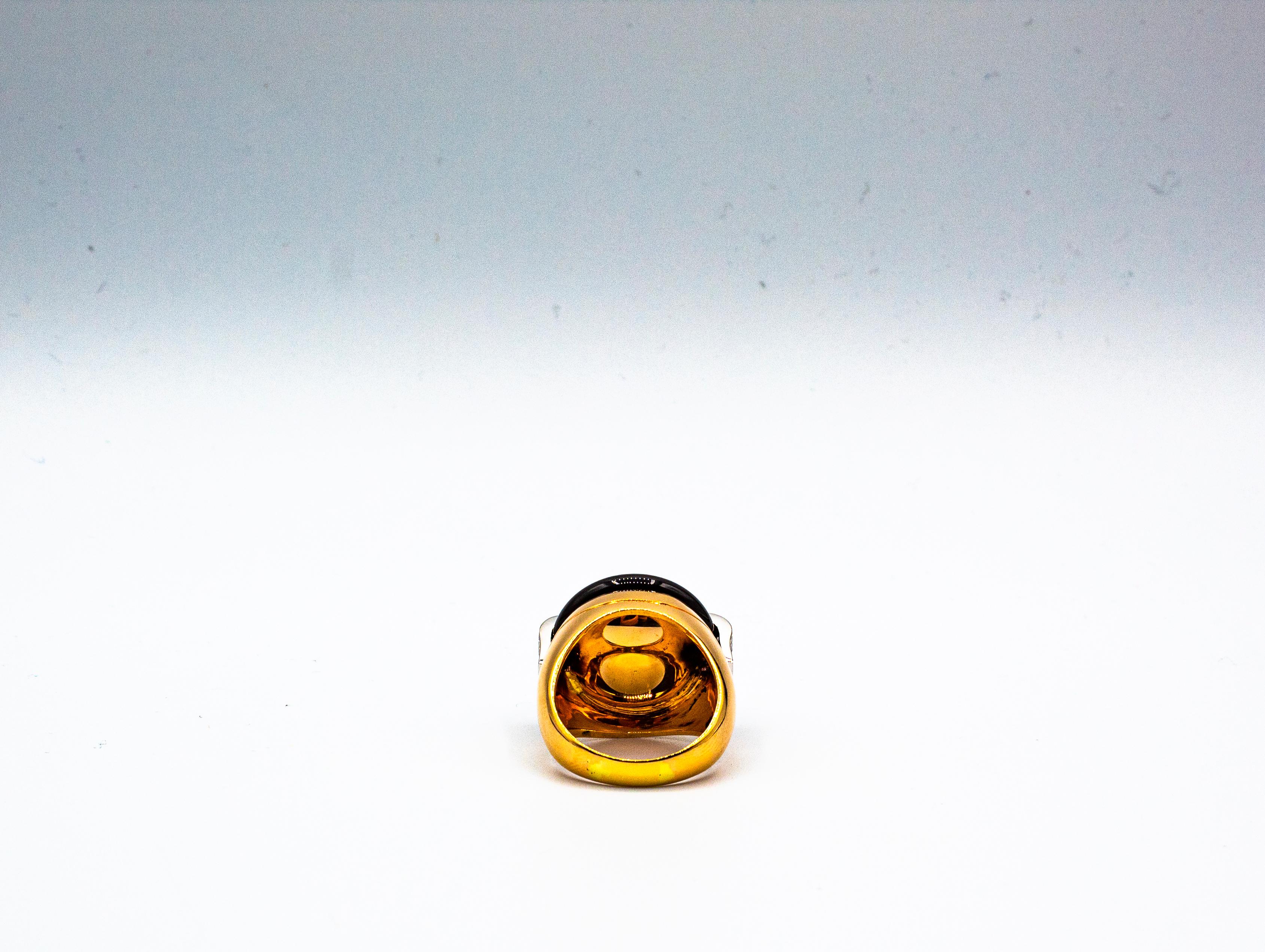 Art Deco Mediterranean Red Coral White Diamond Onyx Yellow Gold Cocktail Ring For Sale 6