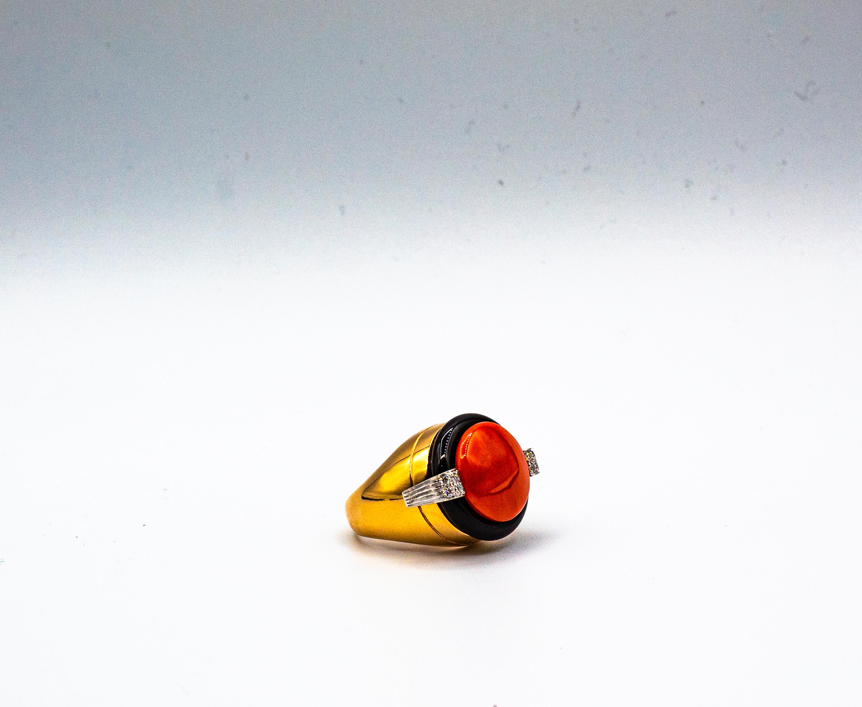Art Deco Mediterranean Red Coral White Diamond Onyx Yellow Gold Cocktail Ring For Sale 7