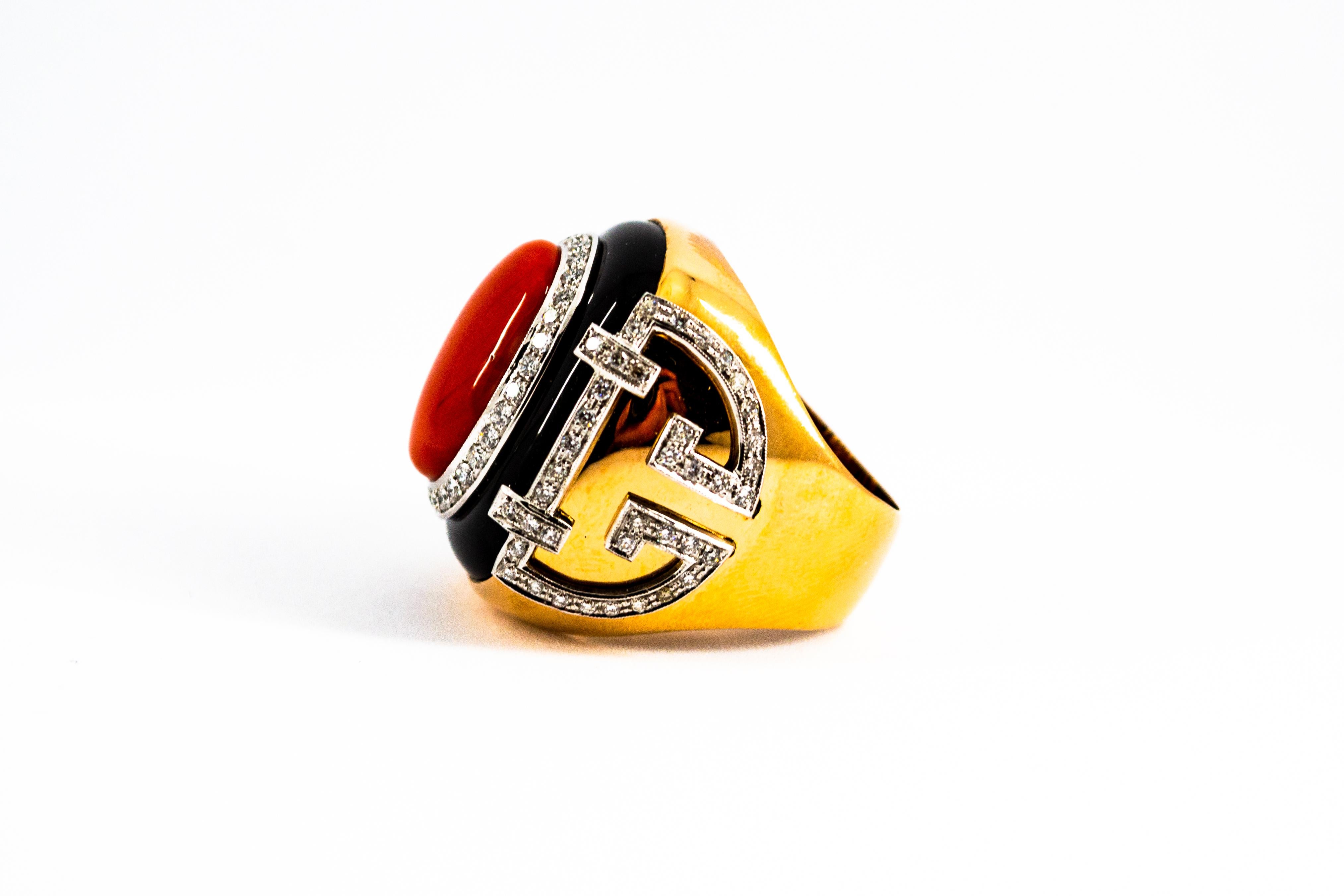Art Deco Mediterranean Red Coral White Diamond Onyx Yellow Gold Cocktail Ring For Sale 7