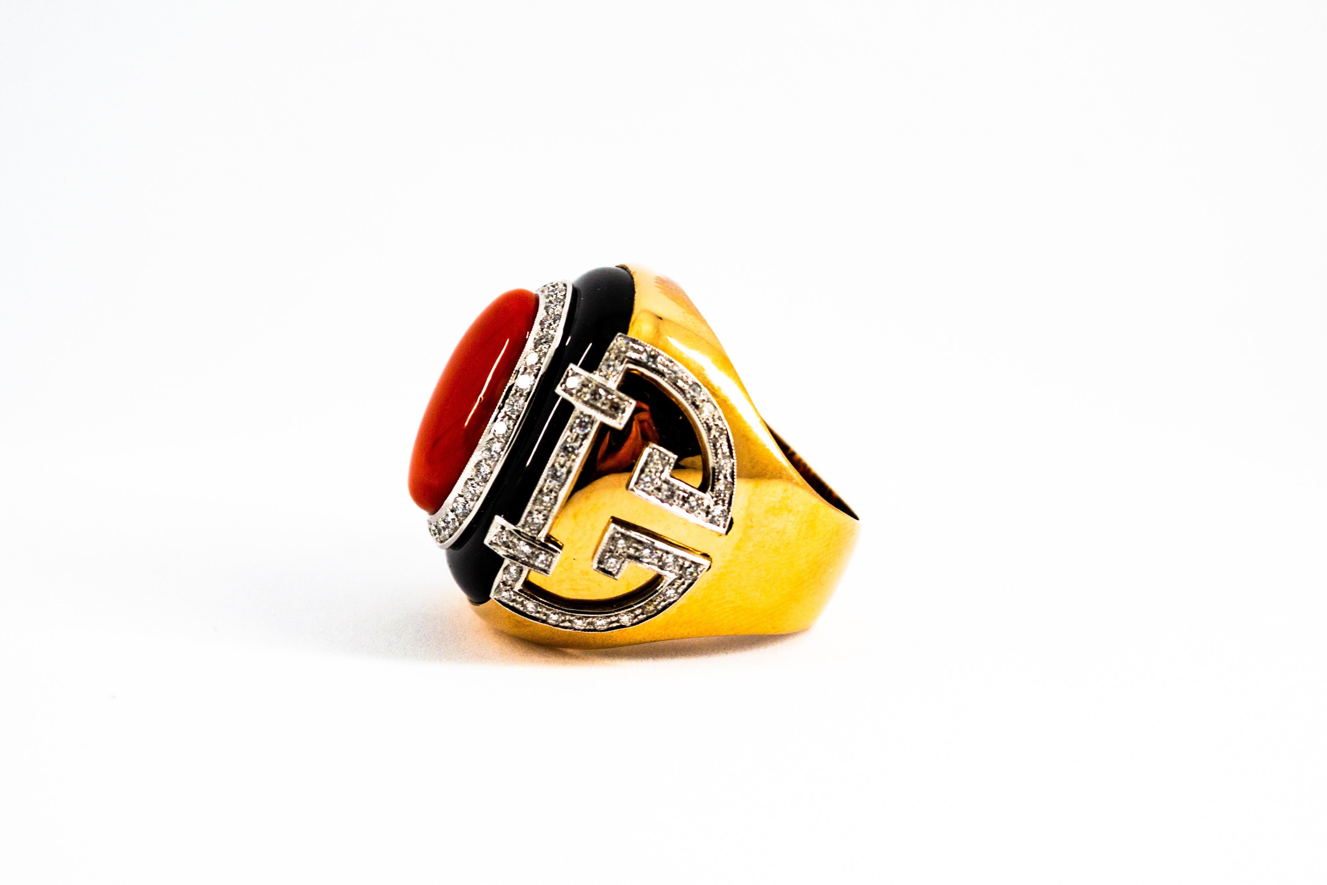 Art Deco Mediterranean Red Coral White Diamond Onyx Yellow Gold Cocktail Ring For Sale 8
