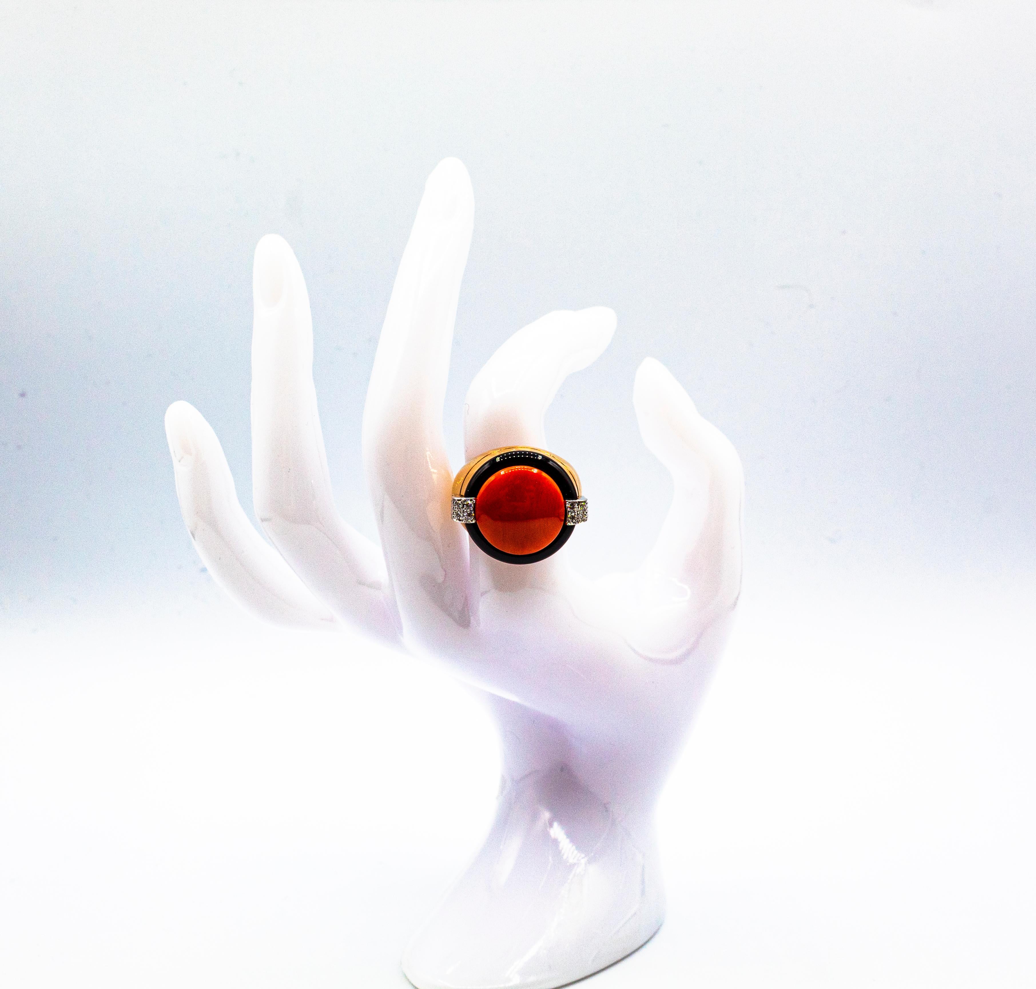Art Deco Mediterranean Red Coral White Diamond Onyx Yellow Gold Cocktail Ring For Sale 8