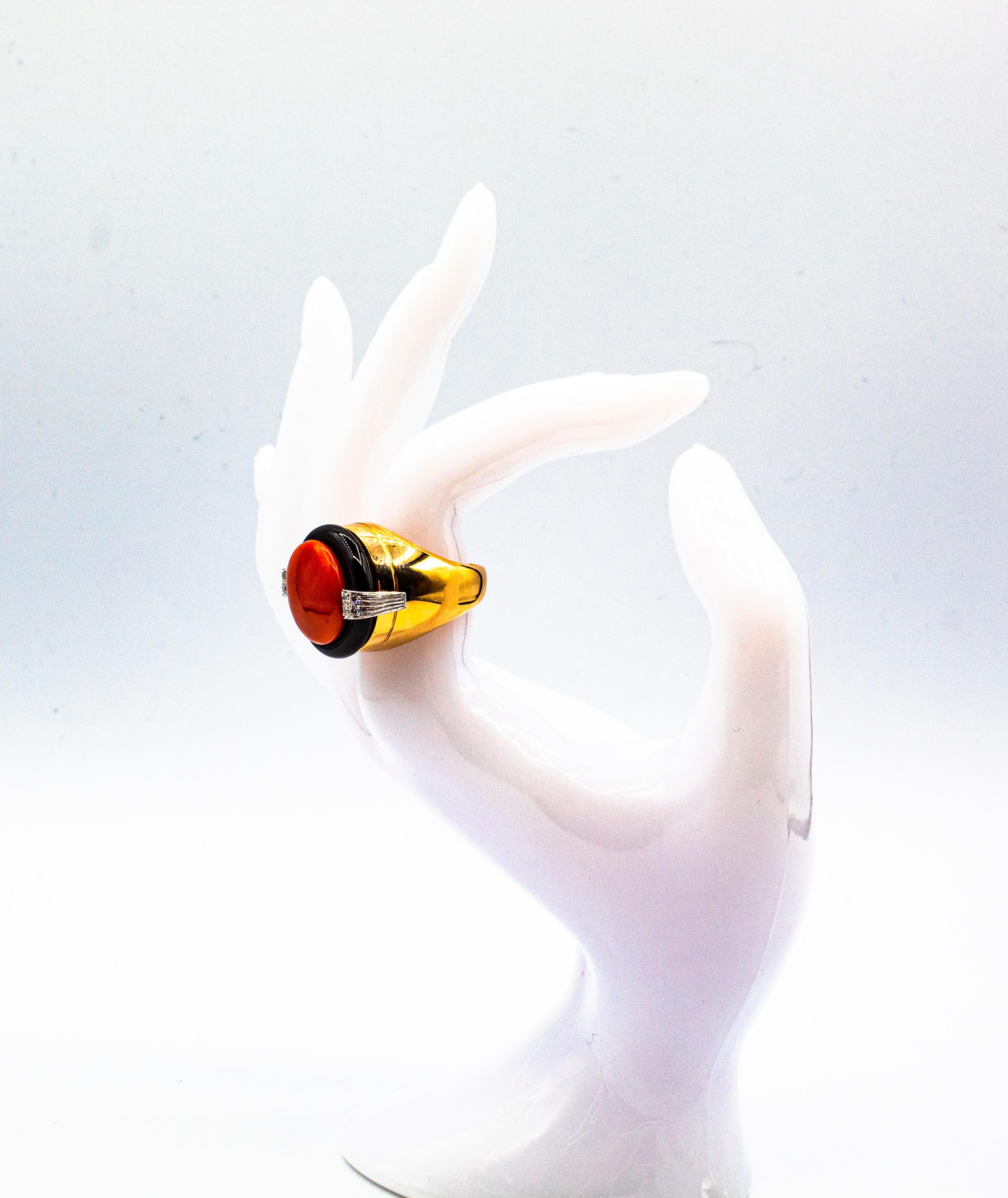 Art Deco Mediterranean Red Coral White Diamond Onyx Yellow Gold Cocktail Ring For Sale 9