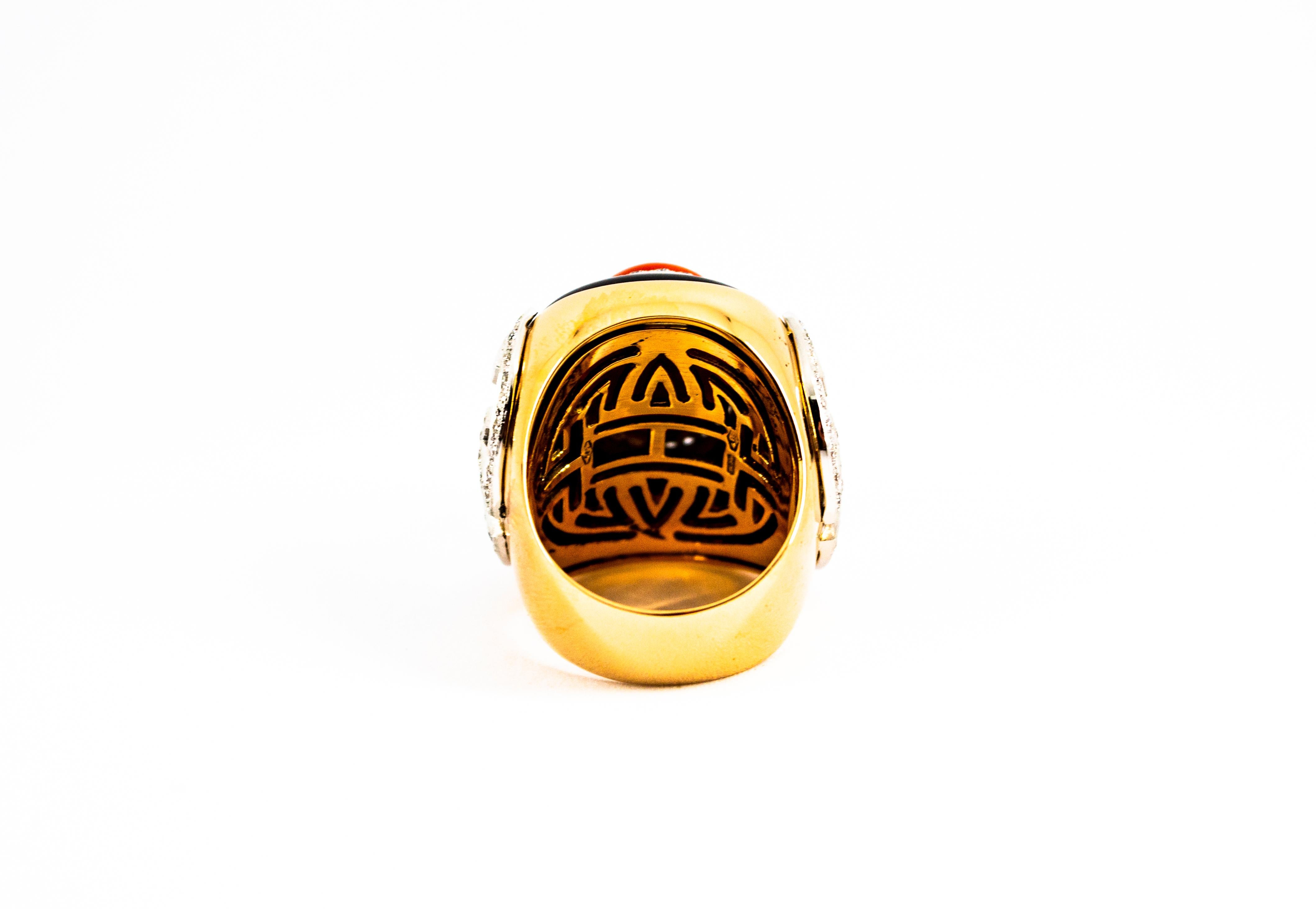 Anillo de Cóctel Art Decó Mediterráneo Coral Rojo Diamante Blanco Ónix Oro Amarillo en venta 9