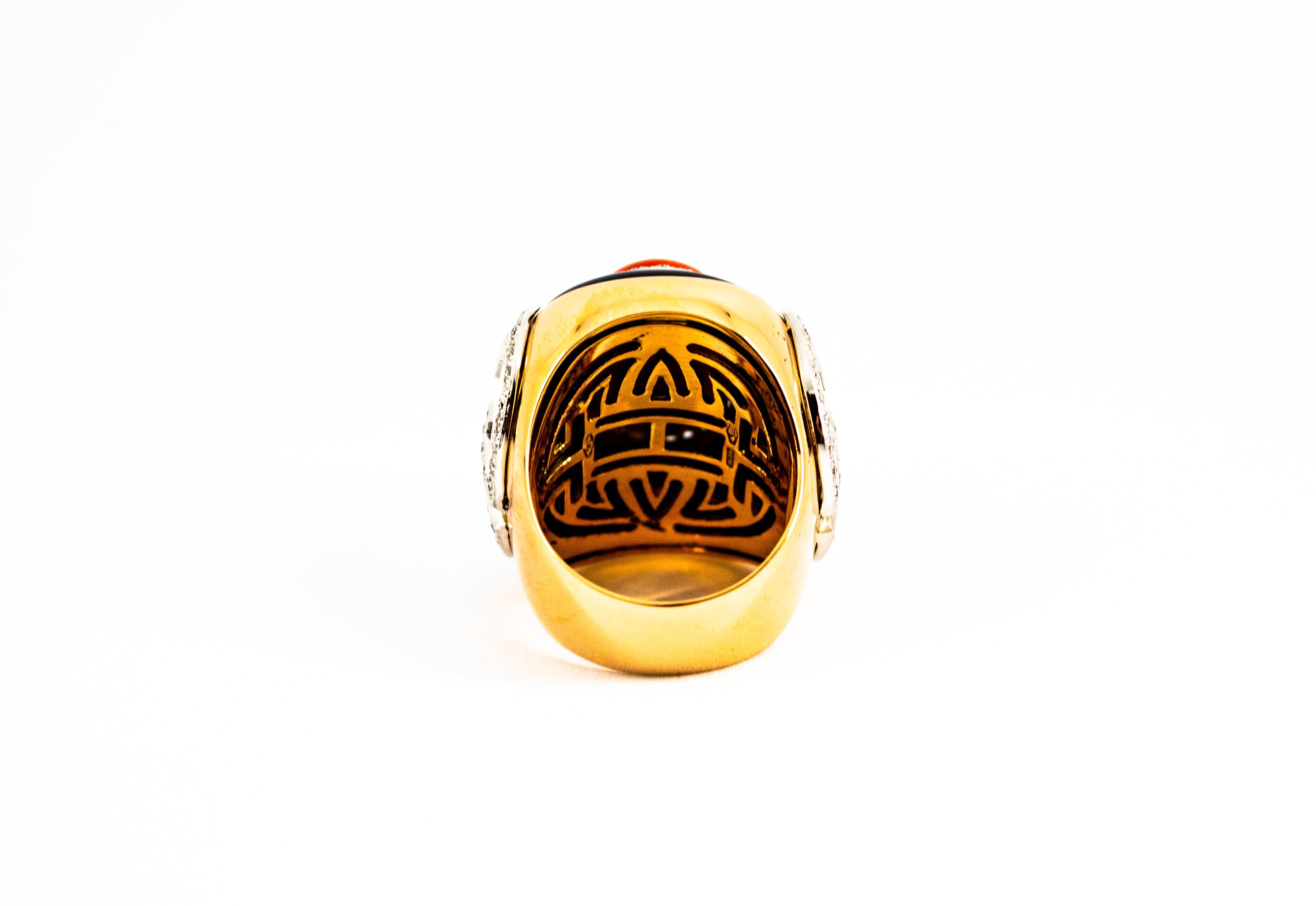 Anillo de Cóctel Art Decó Mediterráneo Coral Rojo Diamante Blanco Ónix Oro Amarillo en venta 10