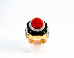 Art Deco Mediterranean Red Coral White Diamond Onyx Yellow Gold Cocktail Ring