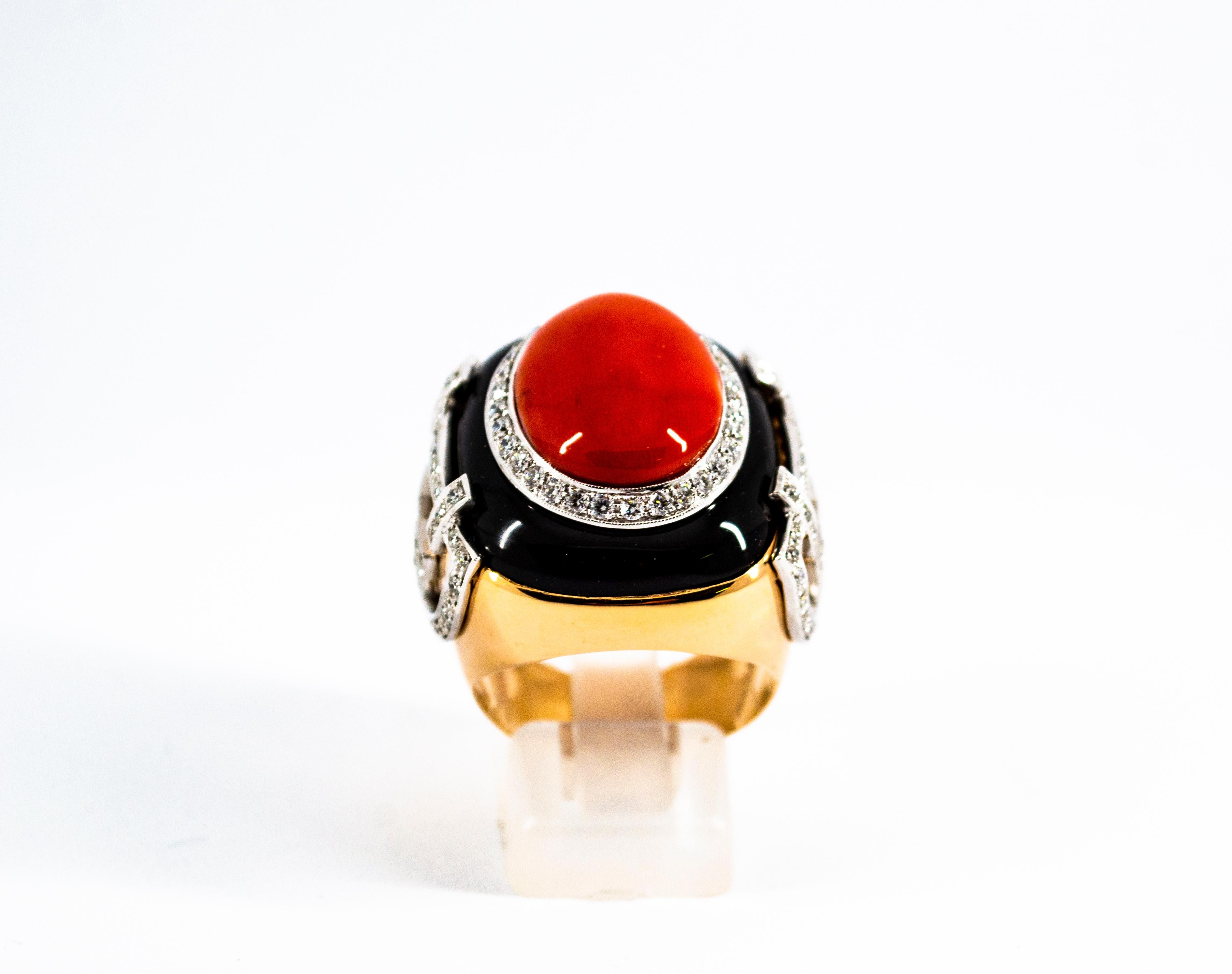 Brilliant Cut Art Deco Mediterranean Red Coral White Diamond Onyx Yellow Gold Cocktail Ring For Sale