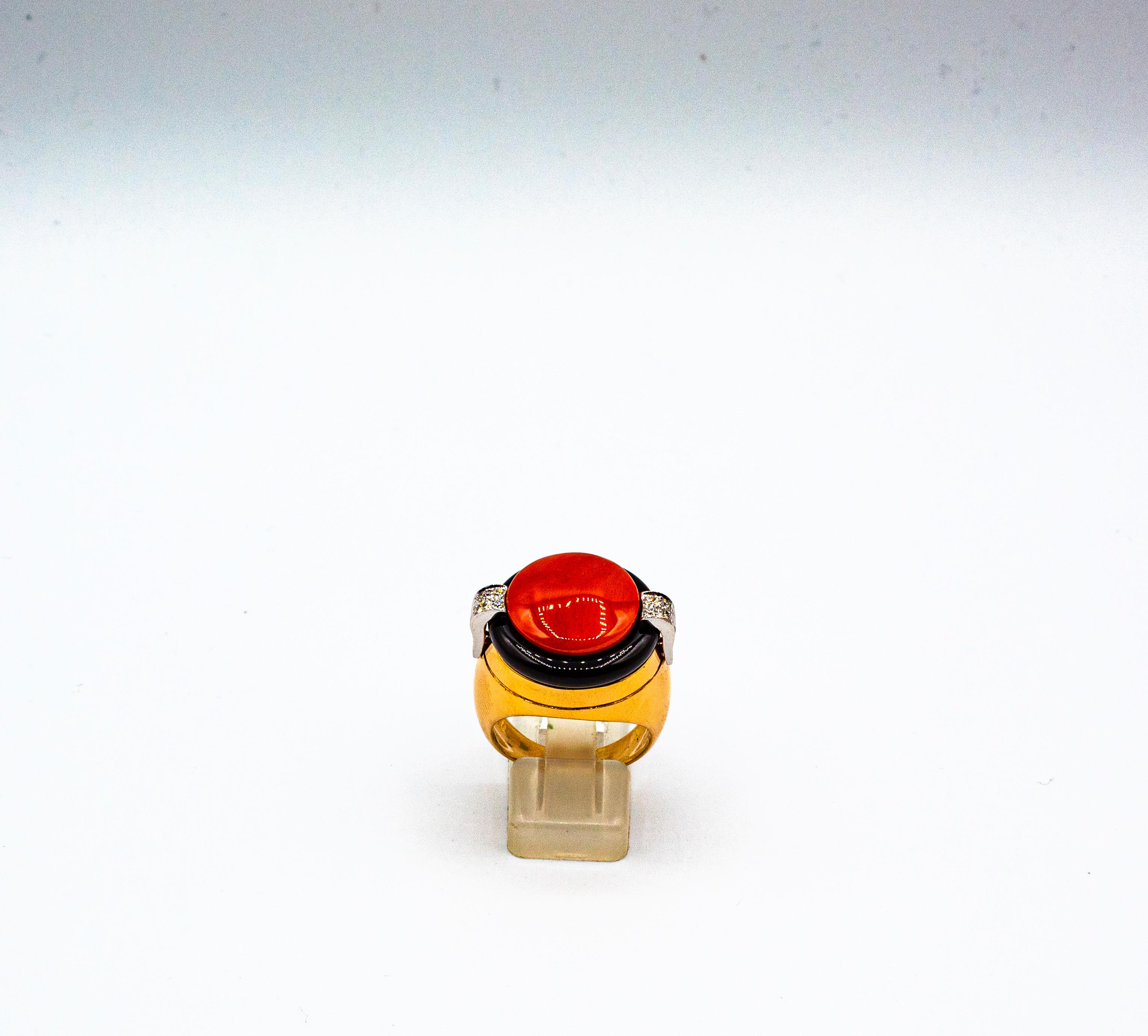 Brilliant Cut Art Deco Mediterranean Red Coral White Diamond Onyx Yellow Gold Cocktail Ring For Sale