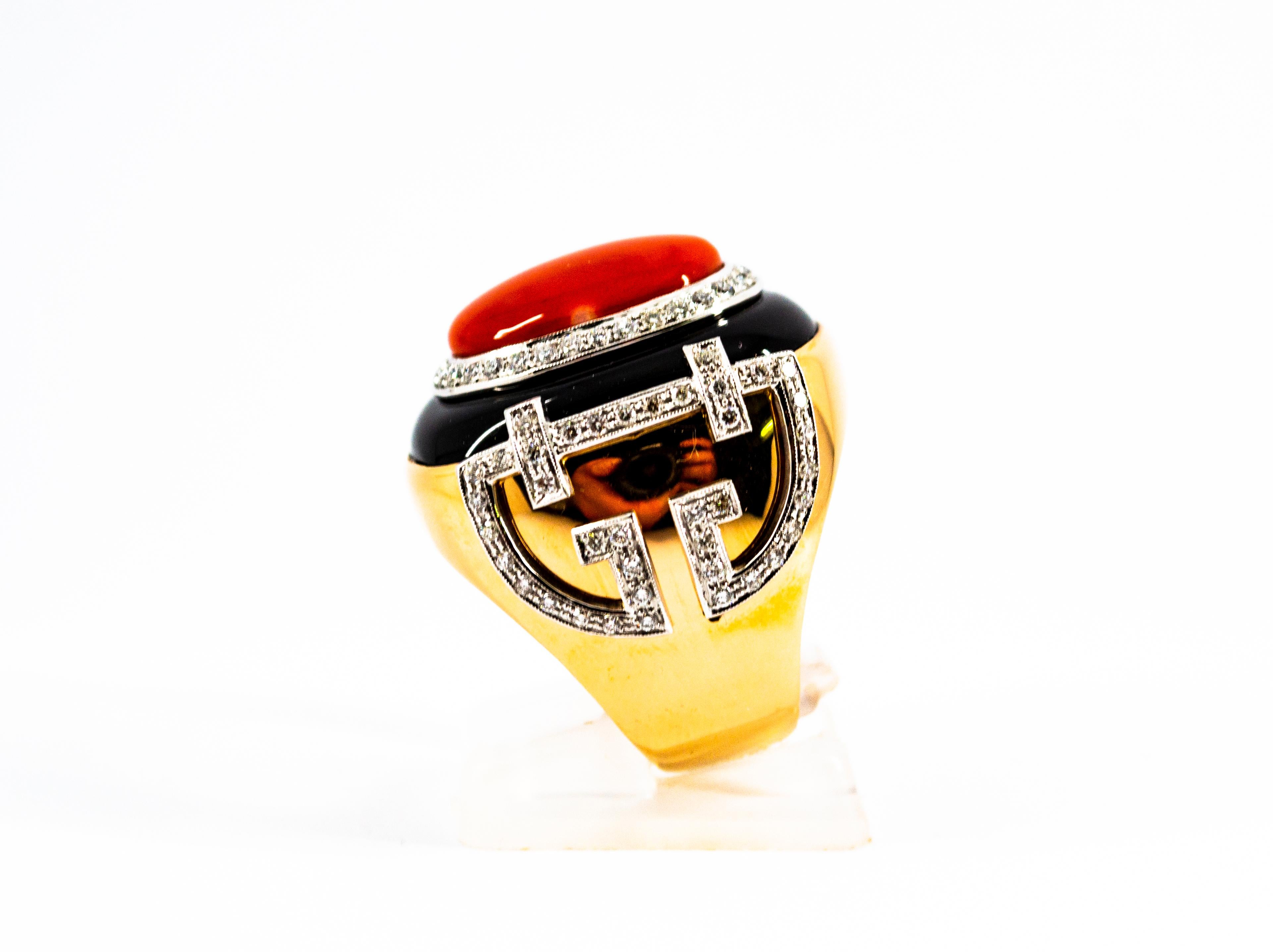 Art Deco Mediterranean Red Coral White Diamond Onyx Yellow Gold Cocktail Ring In New Condition For Sale In Naples, IT